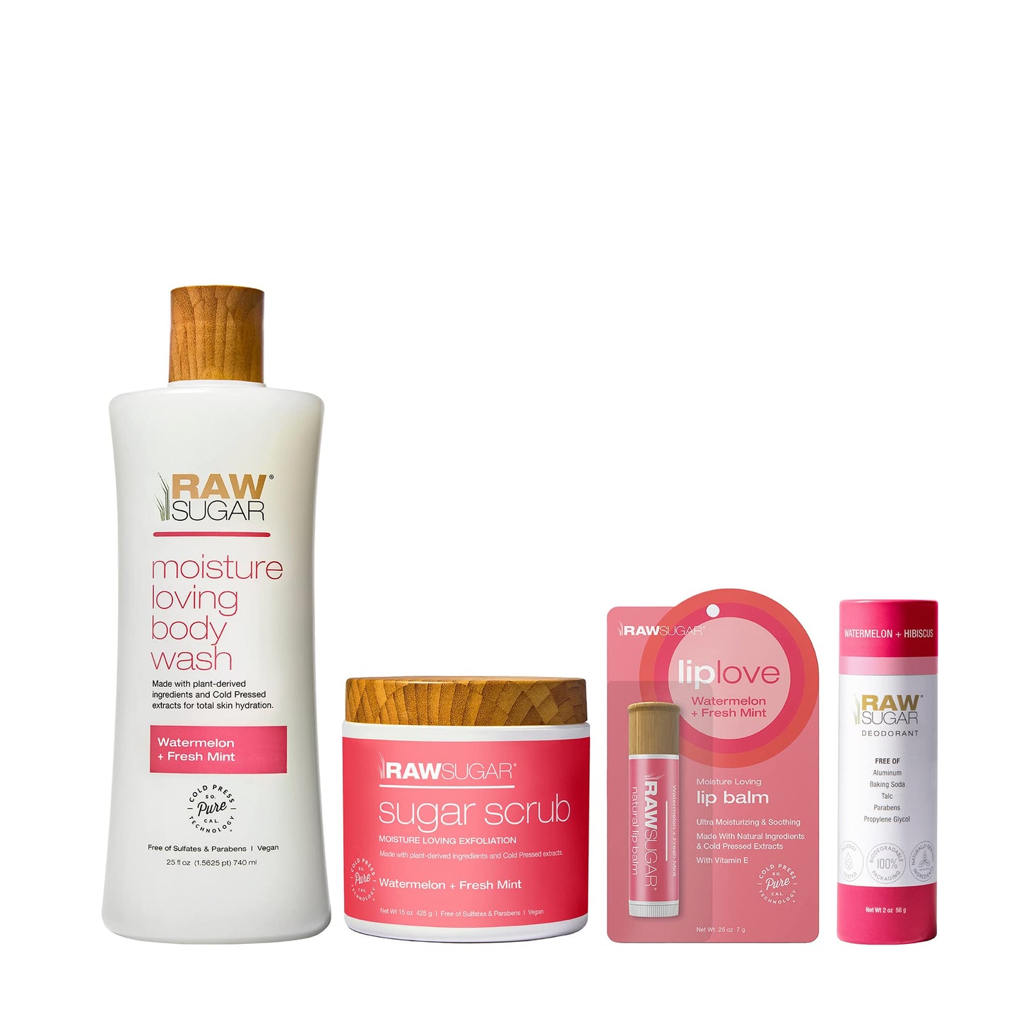 Raw Sugar Watermelon + Fresh Mint Nourishing Body Love Bundle - Body Wash, Body Scrub, Lip Balm & Deodorant, Clean, Made with Plant-Derived Ingredients, Formulated without Sulfates and Parabens