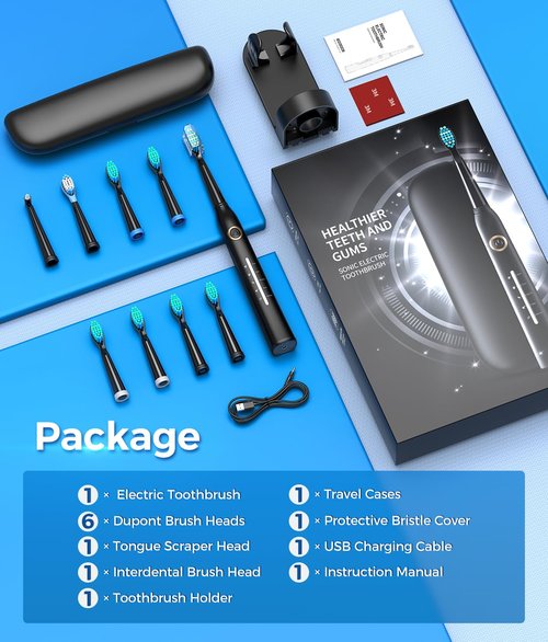Sonic Electric Toothbrush for Adults, Power Electric Toothbrush with 8 Brush Heads, Travel Case, 40000 VPM Deep Clean 5 Modes, Rechargeable Toothbrushes Fast Charge 4 Hours Last 30 Days, Black