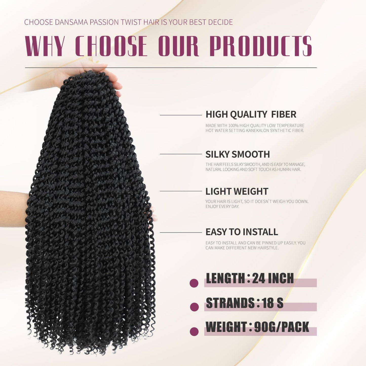 Dansama 7 Packs Passion Twist Hair Water Wave Braiding Hair for Butterfly Style Crochet Braids Bohemian Hair Extensions (24inch (Pack of 7), #1B)