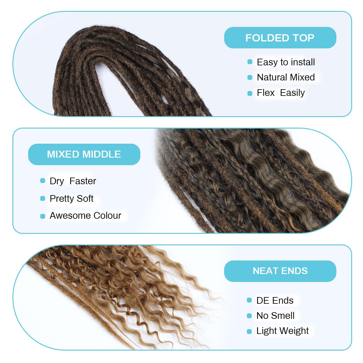 Sangtok Double Ended 3 in 1 Dreadlock Extensions, 24 inch 15pcs Ombre Brown Mixed Dreads Extensions Set DE Dreads with Curly Dreadlocks for White Women