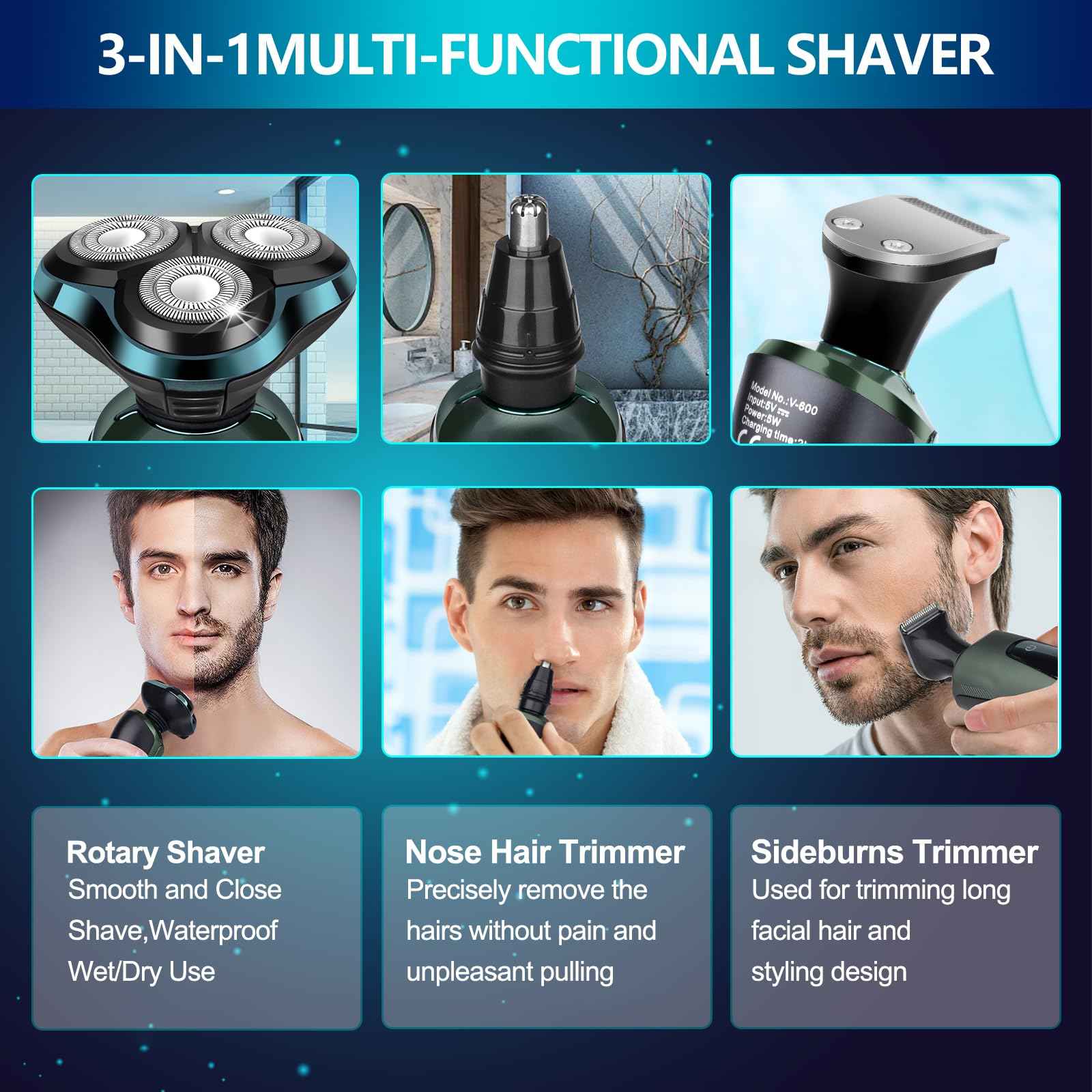 Electric Razor for Men, Electric Shavers for Men's Faces, Detachable Blade 3D Rotary for Shaving with Nose Trimmer Face Cleaning Brush Head Shavers, Wet/Dry/Waterproof Razors for Men Matte Green