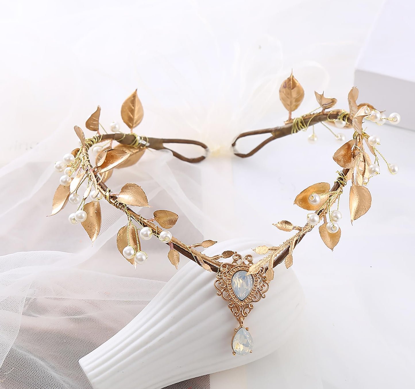 Trepveter Golden Fairy Crown Floral Headband Elf Flower Headpiece Woodland Forest Even Circlet for Women Girls Cosplay Halloween Bridal Wedding Photo Props Renaissance Prom