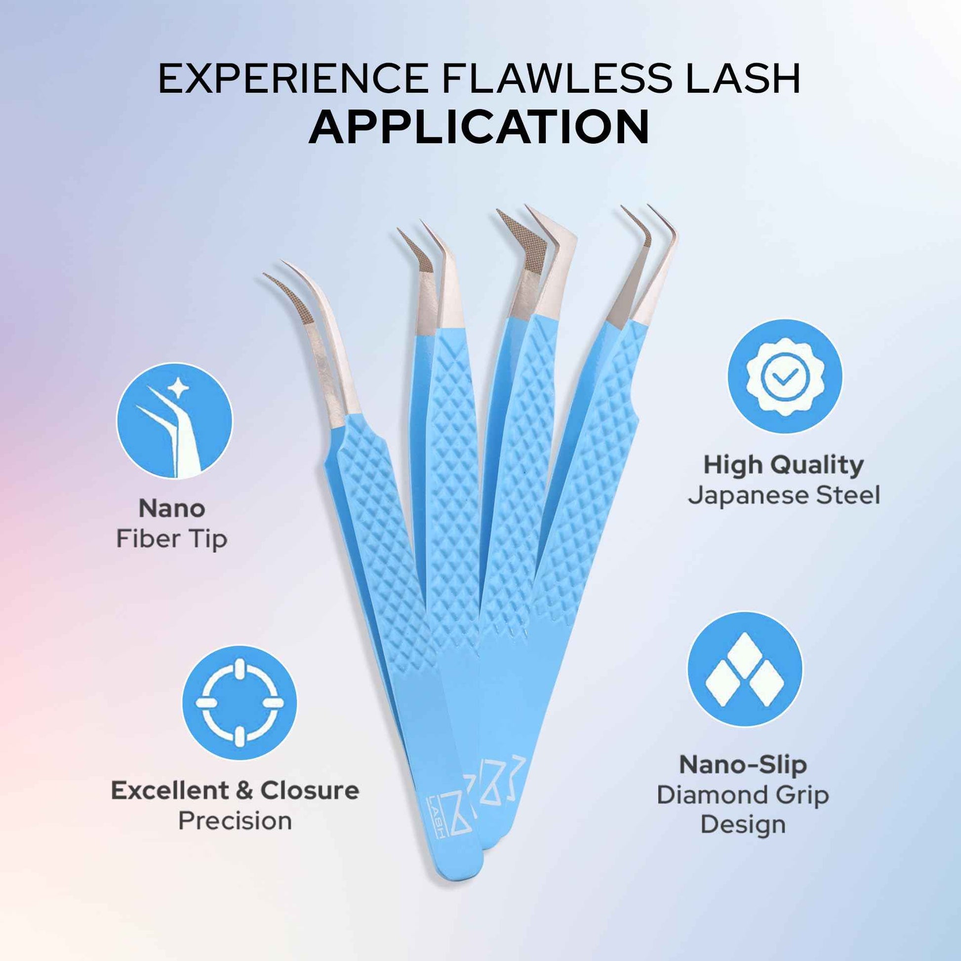 M LASH Tweezers for Eyelash Extensions (Set of 4) - Professional Lash Extension Tweezers - Fiber Tip, Japanese Steel, Diamond Grip Eyelash Extension Tweezer set (White)