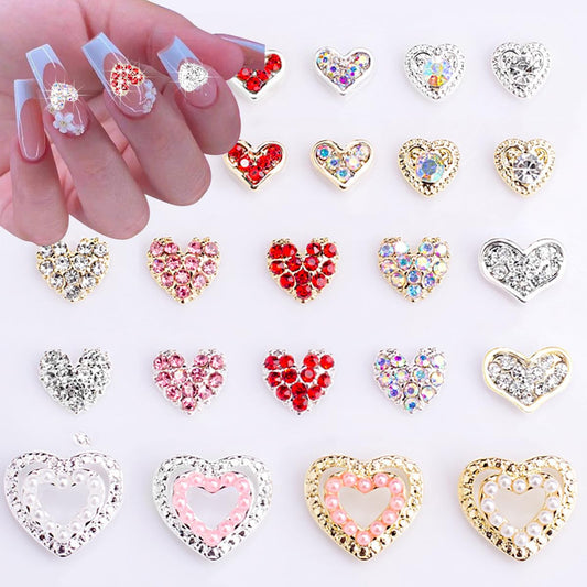 Valentines Day Nail Charms 26 Pcs Nail Art Charms - 3D Color Heart Nail Charms for Acrylic Nails Heart Diamond Pearl Nail Gems Alloy Designs Nail Art Set for Women Valentines Decor (Gold and Silver)