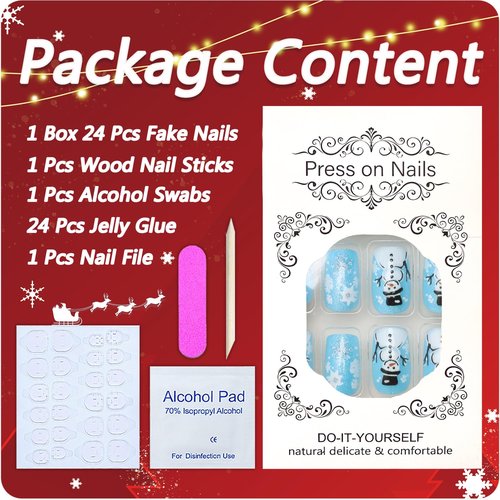 Christmas Press on Nails Short Square Blue Glitter Fake Nails with Snowflake ＆ Snowman Designs Cute Xmas Winter Acrylic Nails Full Cover False Nails Stick on Nails for Women Women Nail Art DIY 24 Pcs