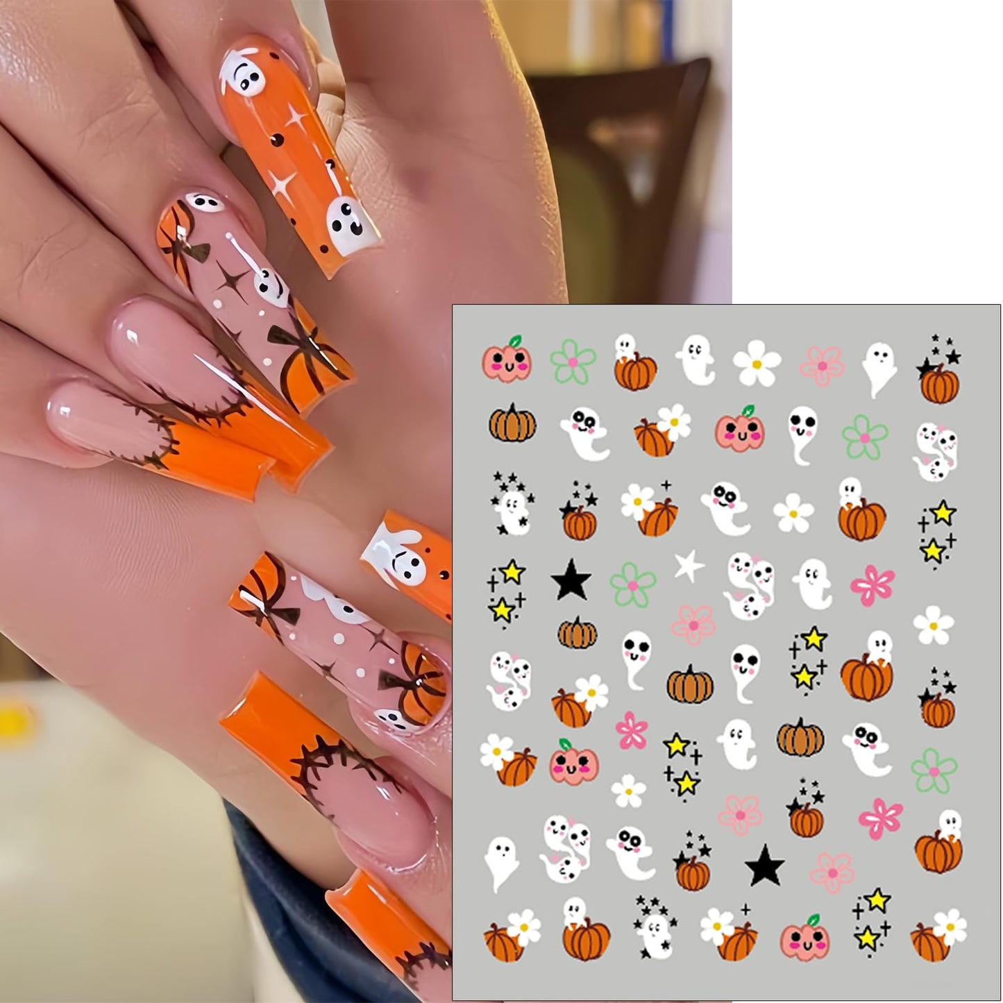 8Sheets Halloween Nail Art Stickers Cute Zombie Ghost Nail Decals 3D Self-Adhesive Bat Skull Spider Nail Sticker Pumpkin Cat Day of The Dead Nail Decoration Nail Supplies for Women Girls Holiday DIY