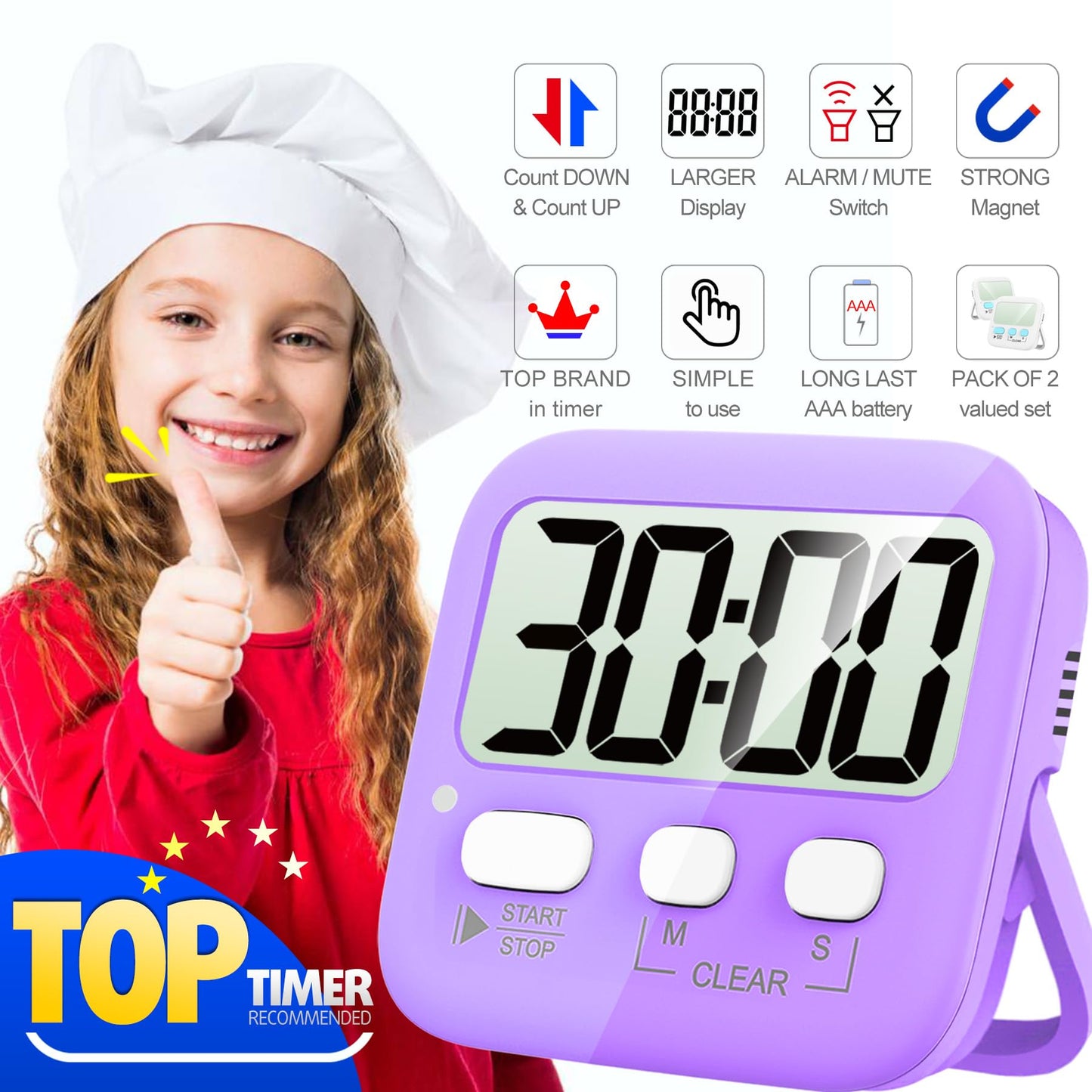 Antonki Timer, 2 Pack Timer for Kids, Kitchen Timers, Digital Timer for Cooking, Egg Timer, Classroom Timer for Teacher, Magnetic Countdown Timer for Exercise, Study, Oven - Battery Included