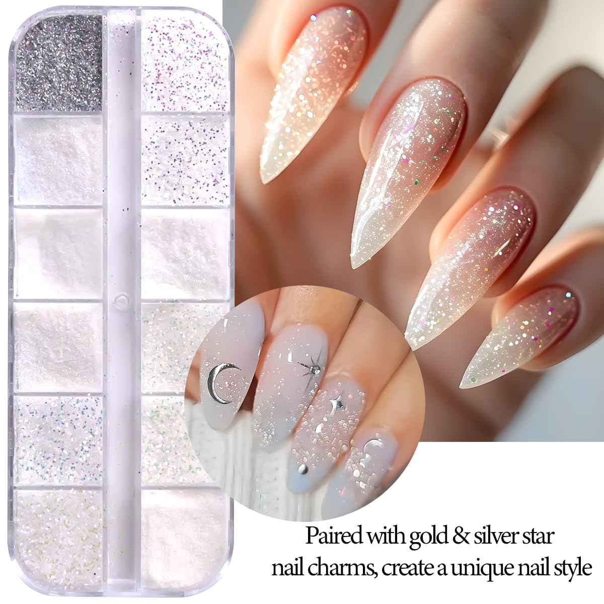 Star Moon Nail Charms for Nails Art 3D Gold Silver Starlight Cross Star Nail Rivet Studs Decoration Alloy Metallic Stars Accessories and Sugar Glitter Powder for Nails Manicure Craft DIY