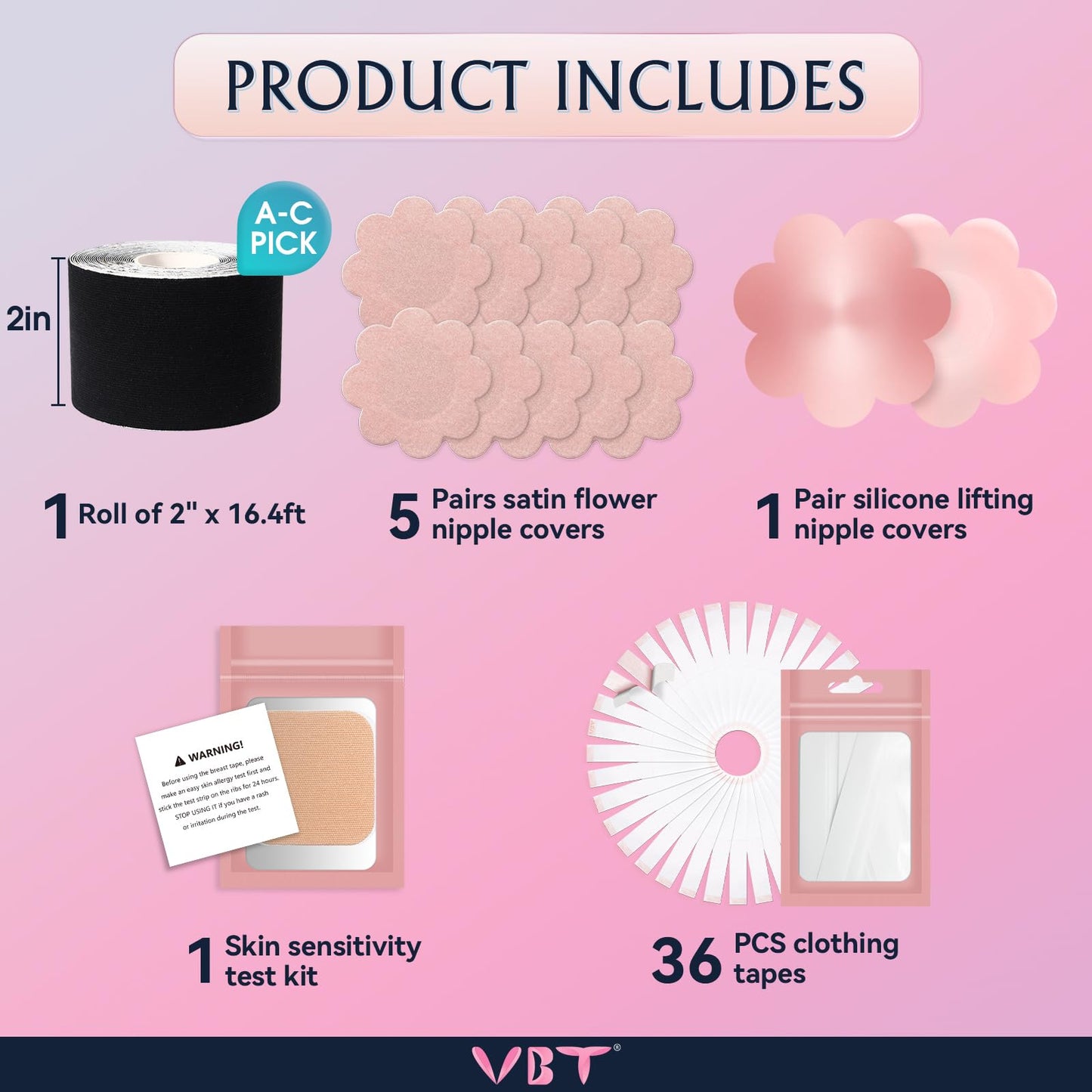 VBT Boob Tape Kit, Boobtape for Breast Lift with 1 Breast tape, 5 Pairs Satin Bra Petals, 1 Pair Silicone Nipple Stickers, 36 PCS Double Sided Tape, Boobytape for Large Breasts A-G Cup