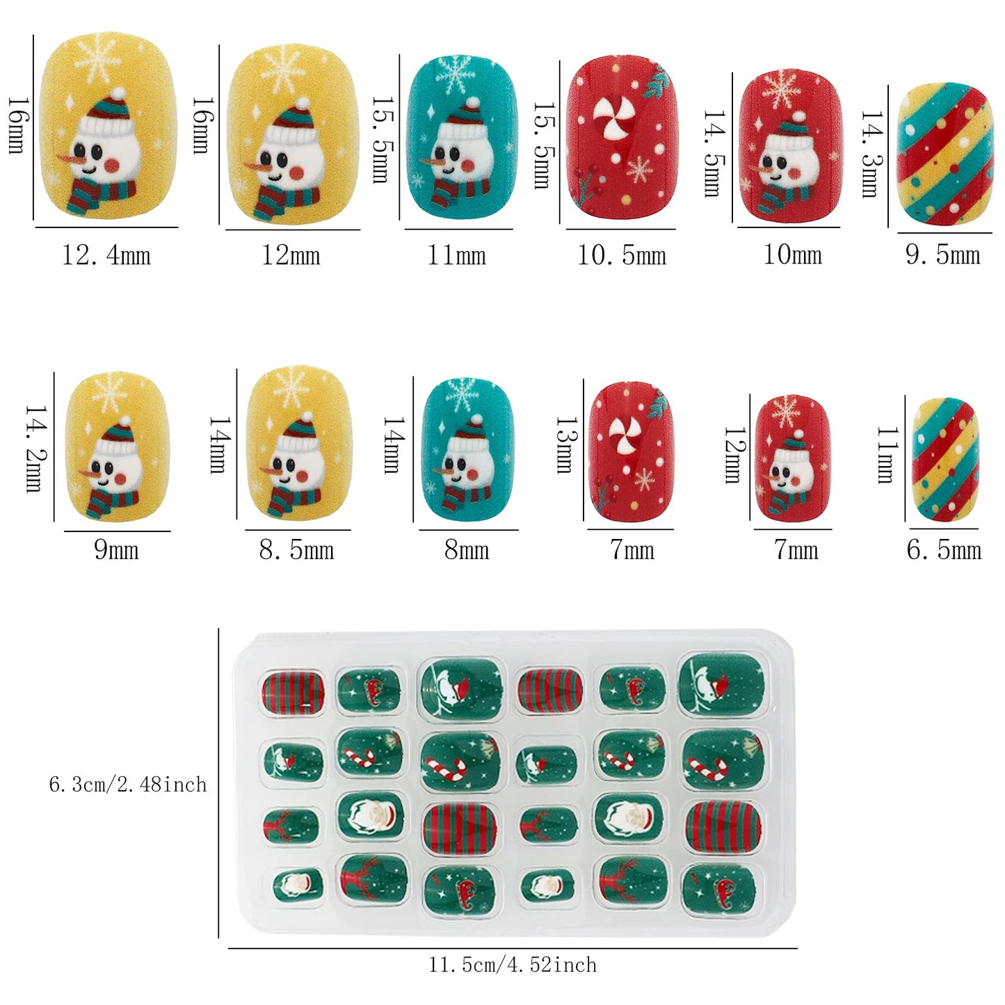 SUBANG 288 Pieces Christmas Nails Children False Nails Girls Press on Pre-glue Full Cover Artificial Fake Nails Cute Short Nail Tip Kit for Children Little Girls Nail Art Decoration