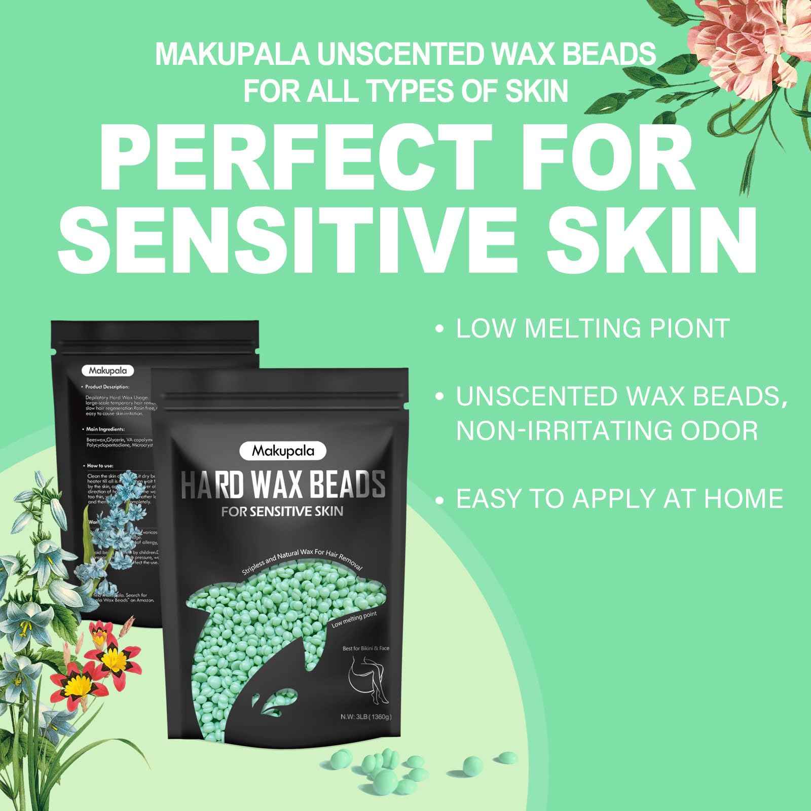 Makupala Hard Wax Beads Bulk, 3lb Unscented Stripless Spa Wax Beans for Brazilian Waxing, Bikini, Body, Back, Chest, Leg, Armpit, Face, Wax Beads for Sensitive Skin Coarse Hair Removal from Root