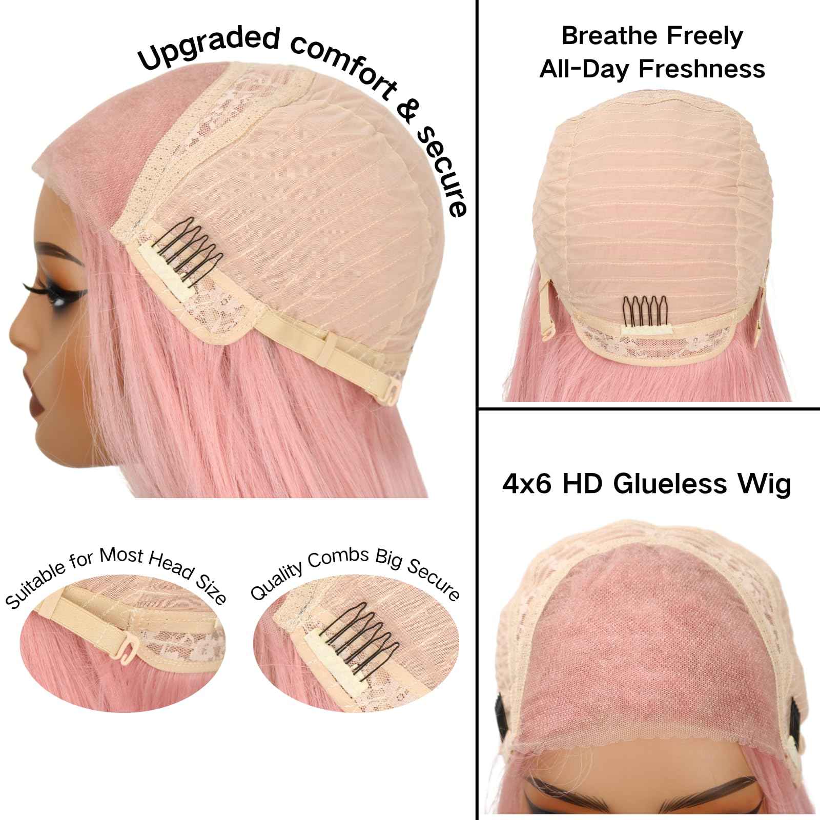 Kmzbasg Pink Lace Front Wig for Women Pre-Plucked Pre Cut Glueless Long Straight Layered Synthetic Ready to Wear Wig 4x6 HD Lace for Girls Party Cosplay and Daily Use 26 Inch