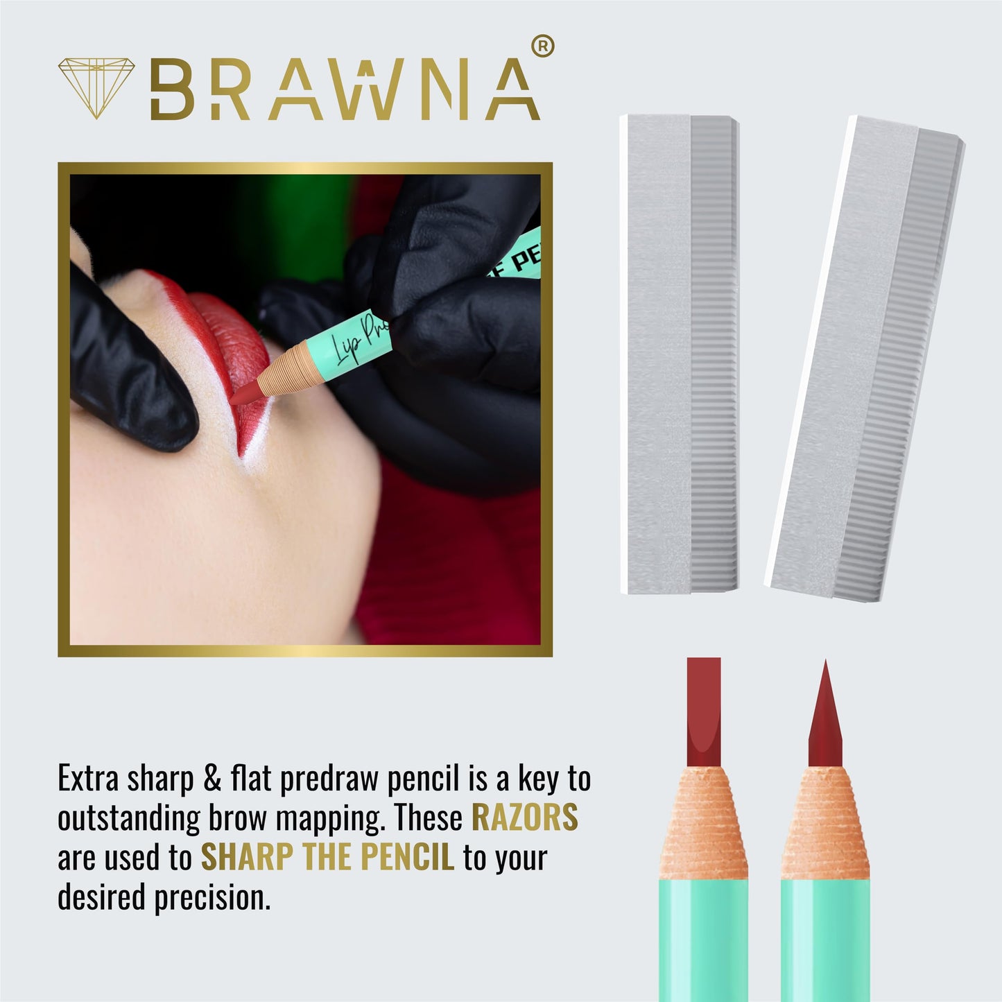 BRAWNA 3 PCS PMU Mapping Pencils Set with 3 Eyebrow Ruler Sticker and Razor Blade Sharpener for Microblading Eyebrow, Lip Blushing and Brow Measuring