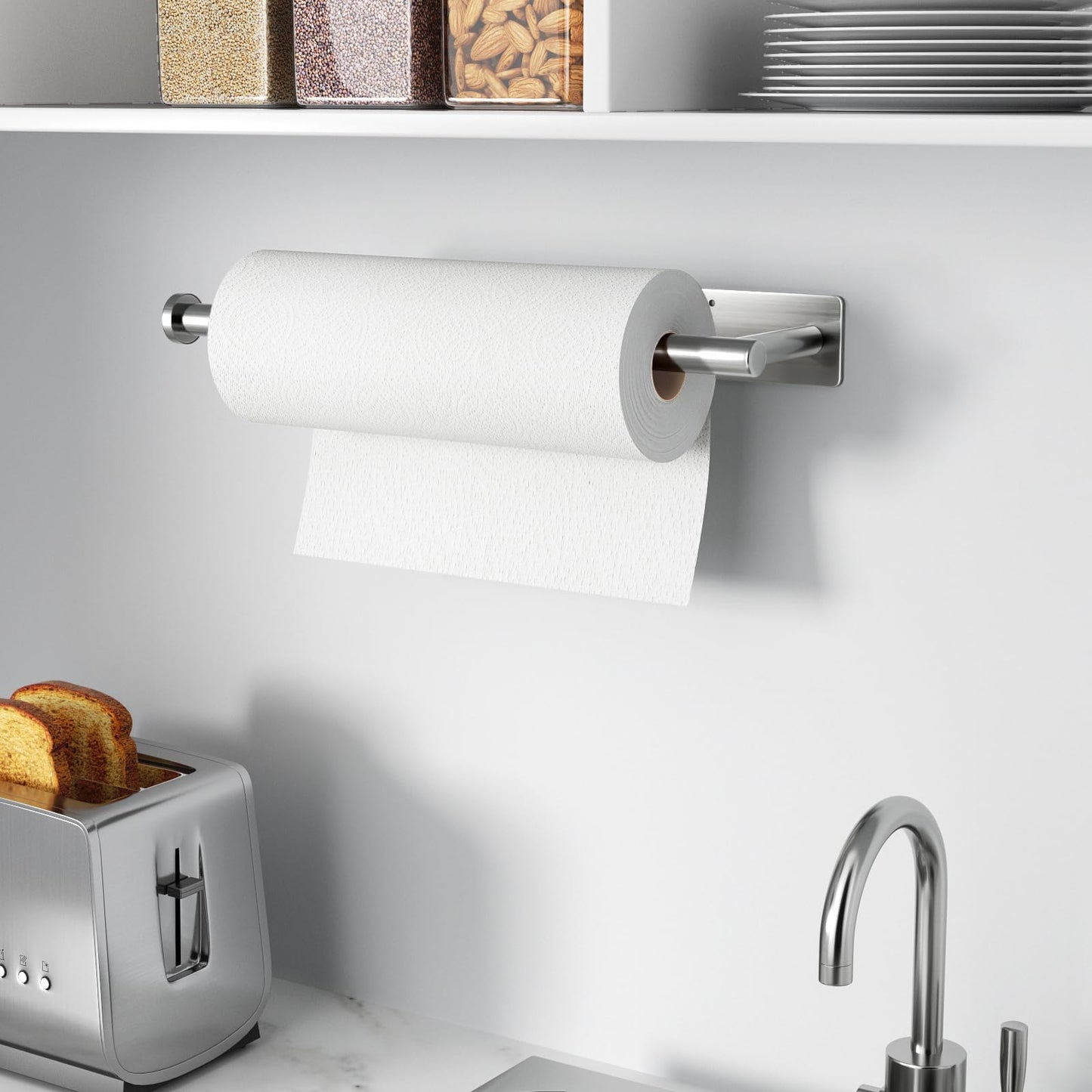 Paper Towel Holder - Self-Adhesive or Drilling, Brushed Nickel Wall Mounted Paper Towel Rack for Kitchen, SUS304 Stainless Steel Kitchen Roll Holder Under Cabinet