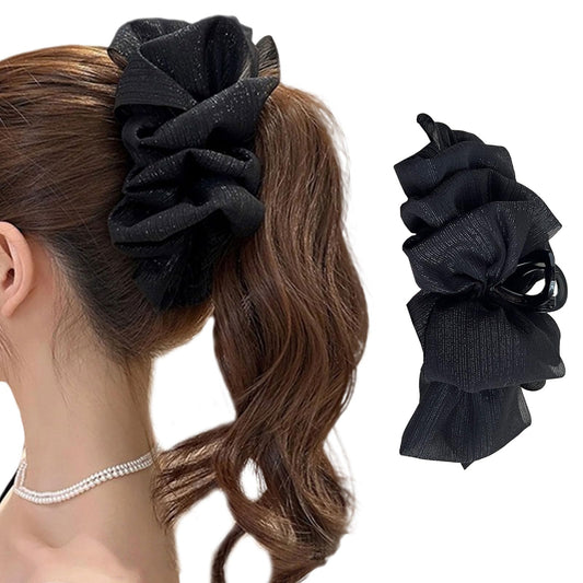 papasgix Chiffon Hair Accessories - Large Fabric Hair Claws with Floral Bows for Women and Girls (1, Black Matte)