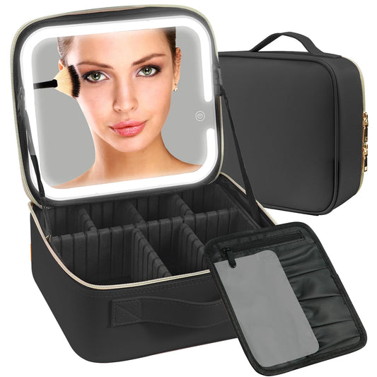 Makeup Travel Bag with LED Lighted Mirror,Makeup Travel Train Case with Adjustable Divider,Makeup Bag with Mirror and light Cosmetic Bag for Makeup Brushes,Tool Case,Gifts,Women