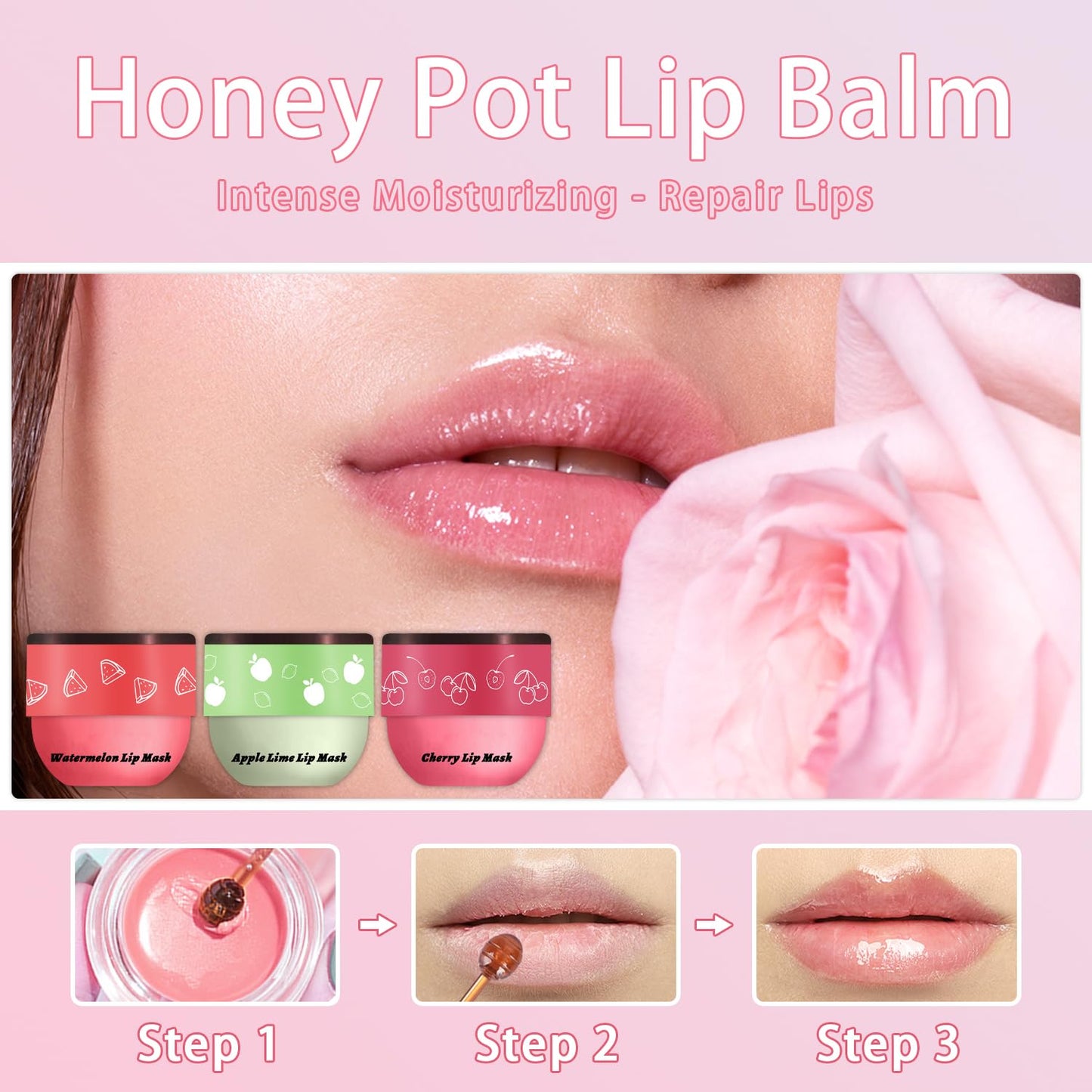 3 Pcs Bee Lip Balm Honey Pot, Cherry Watermelon Apple Lip Mask Overnight, Moisturizing Lip Sleeping Mask, Hydrate Repair Prevent Dry Cracked Lip Exfoliator Lip Care (Cherry+Watermelon+Apple Lime)