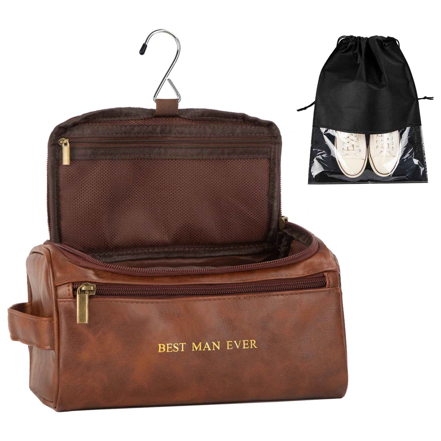 Flycalf Mens Toiletry Travel Bag Customized Mens Leather Toiletries Grooming Bag for Men Shaving Bag Hanging Water Resistant Organizer (Brown)