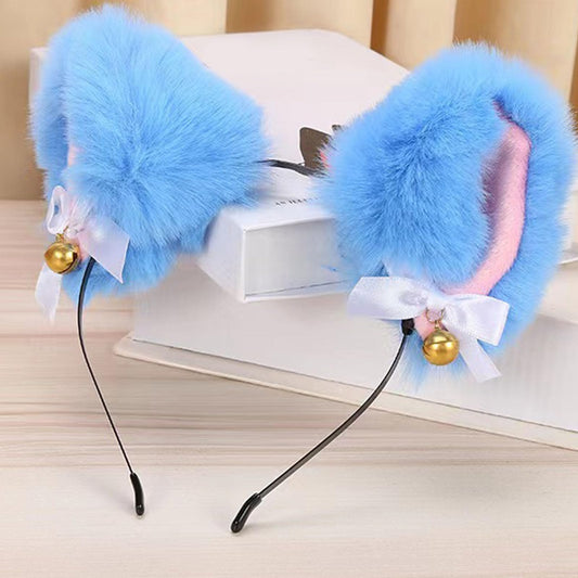 Roffiy Cat Ears Headband, Handmade Fur Cat Ears Blue Hairband, Halloween Clothing Cosplay Party Costume Animal Headband with Bells Anime Hair Accessory for Girl Festivals, Performances, and Party