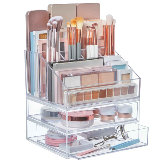STORi Chloe Stackable Makeup Holder & Drawer Organizer Set, Clear, BPA-Free Plastic, Made in USA, Organize Brushes, Cosmetics & Beauty Essentials