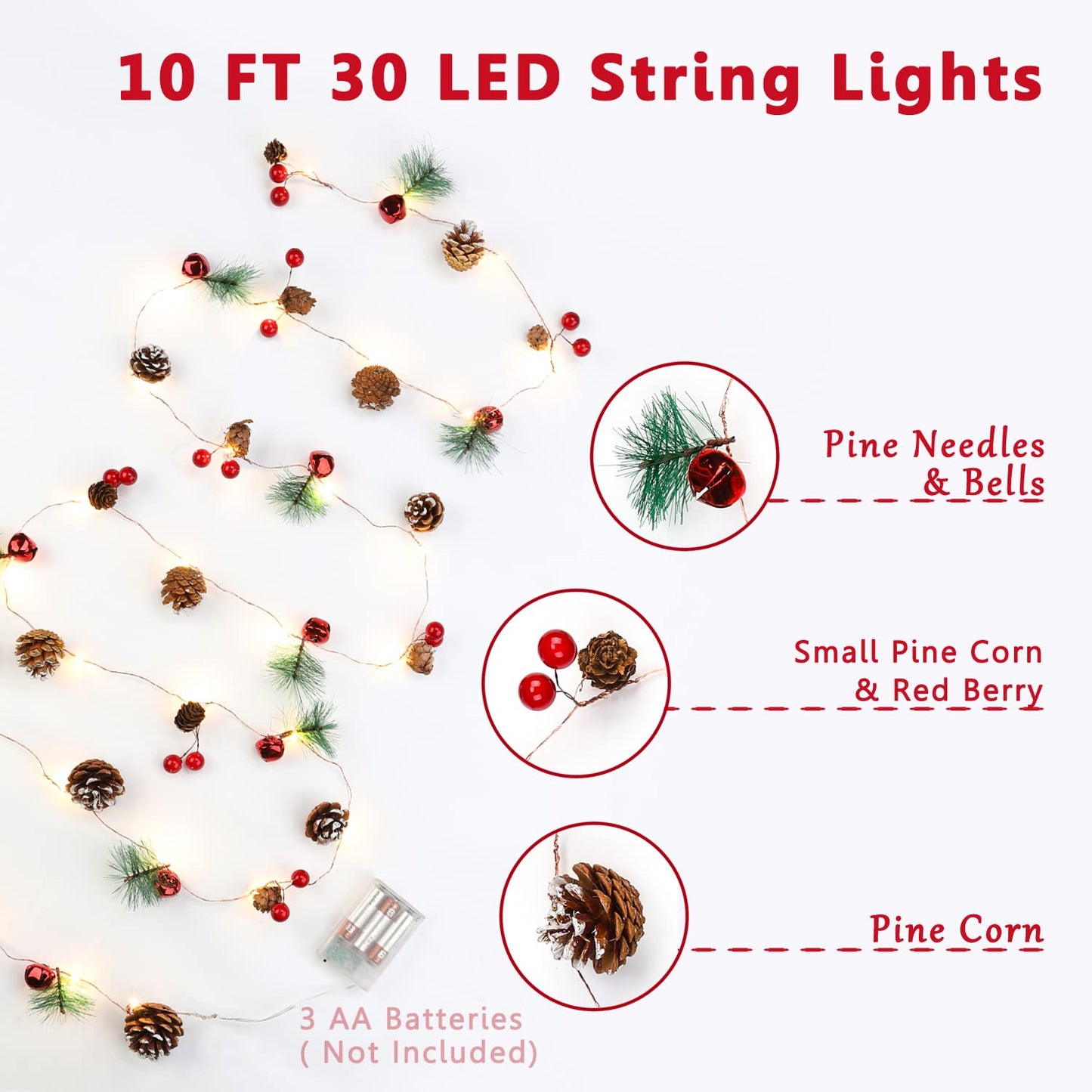 KITCADA Christmas Garland,10ft 30 LED Red Berry Bell Christmas Tree with Lights,Pine Cone Christmas Garland Indoor Christmas Decor,for Fireplace Stair Railing and Mantle (Flashing+Constantly on)