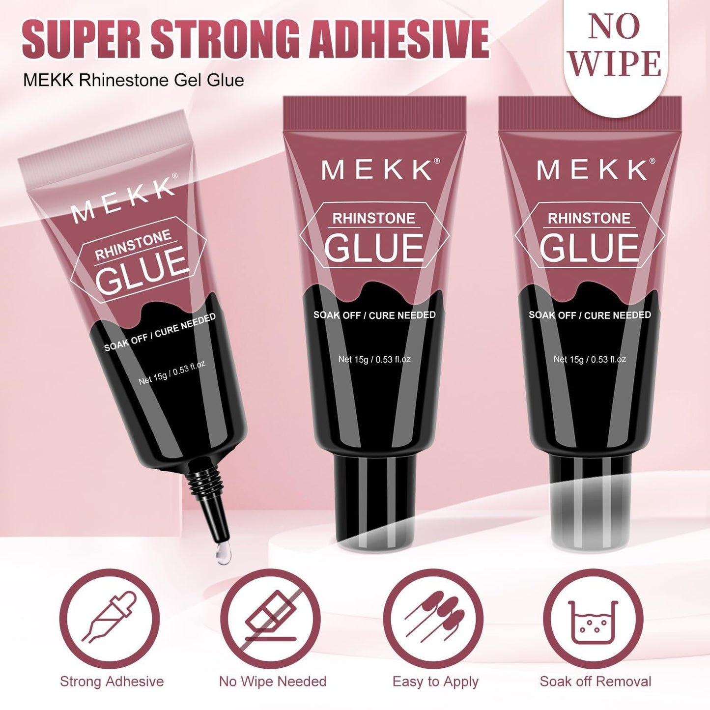 MEKK Rhinestone Glue for Nails, 1Pcs 15g Super Strong Gel Nail Glue for Rhinestones No Wipe Nail Rhinestone Glue for 3D Nails Crystals Beads Charms Diamonds Gems Cure Needed