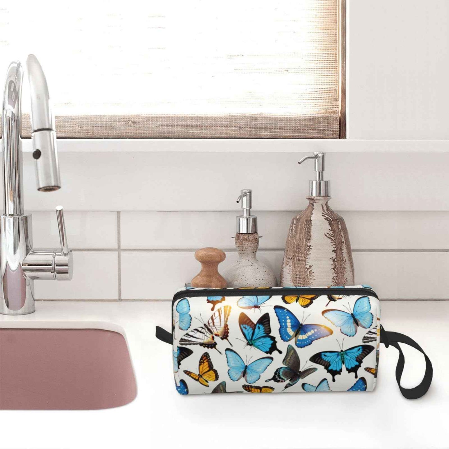 JKJOJIA Stylish Butterfly Makeup Bag Organizer Small Cosmetic Bags Portable Travel Toiletry Bag With Handle Simple Accessories Storage Zipper Pouch For Women Girl