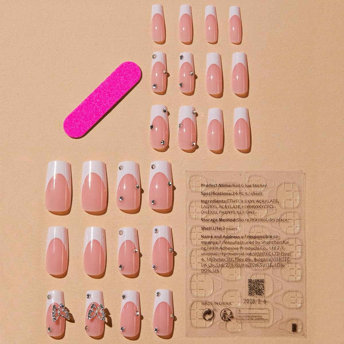 24Pcs French Tip Press on Nails,Square Long Fake Nails,