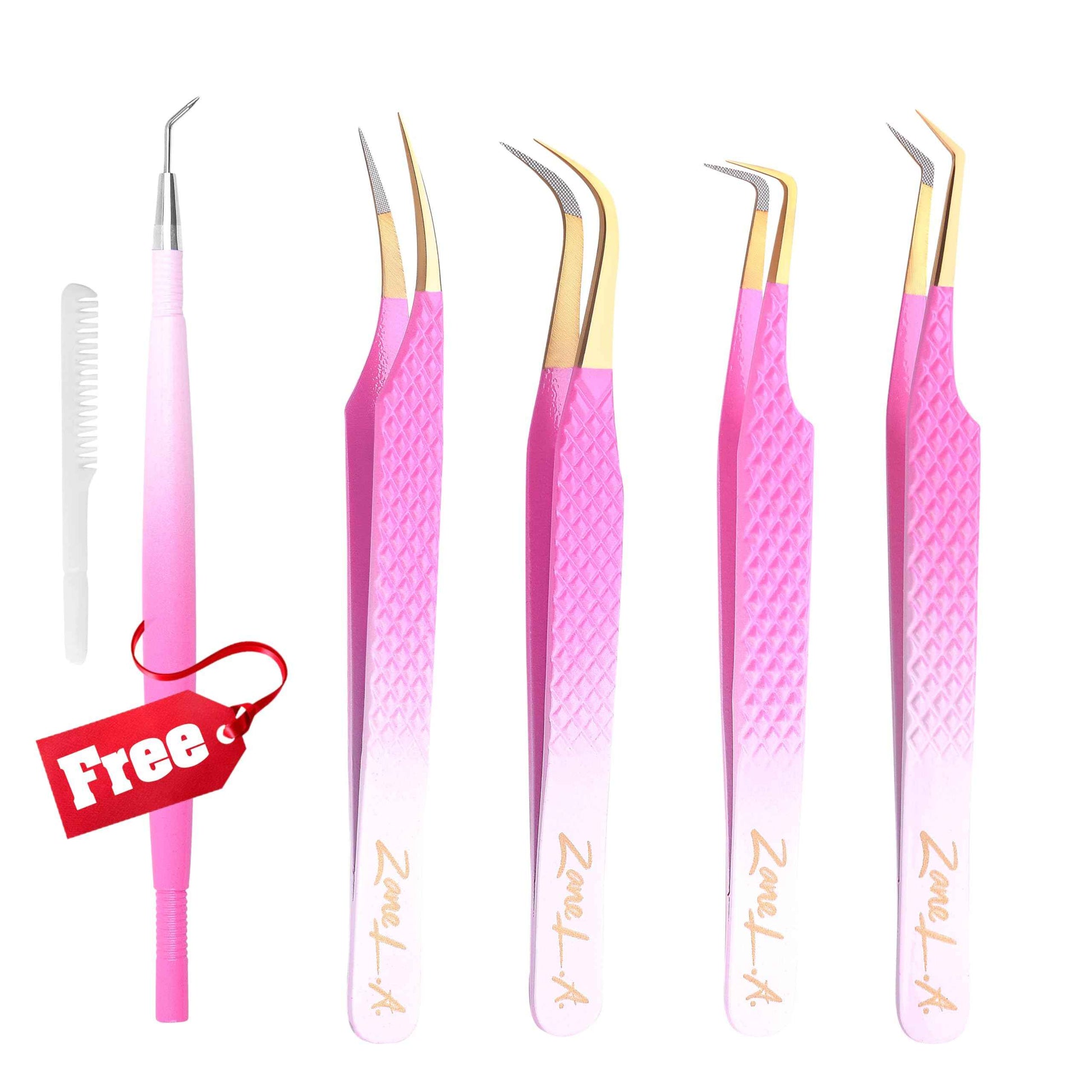 Zane L.A. Nano Fiber Tip Professional Eyelash Extension Tweezers, a pack of 4, Quality tweezers made with Japanese Stainless Steel, FREE Eyelash Separator. (Pink and White)