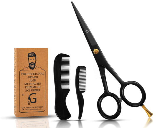 5” Professional Beard Mustache Scissors with 1 Beard Comb, 1 Mustache Comb - Prefect Mustache Trimming Scissors for All Facial Hair – Grooming Scissors for Men