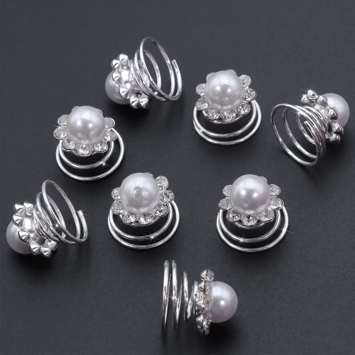 NAISKA Rhinestone Hair Accessories Spiral Hair Pins Wedding Crystal Pearl Hair Clips Silver Coil Bridal Headpieces Women and Girls Hair Decoration for Prom Party(8PCS)