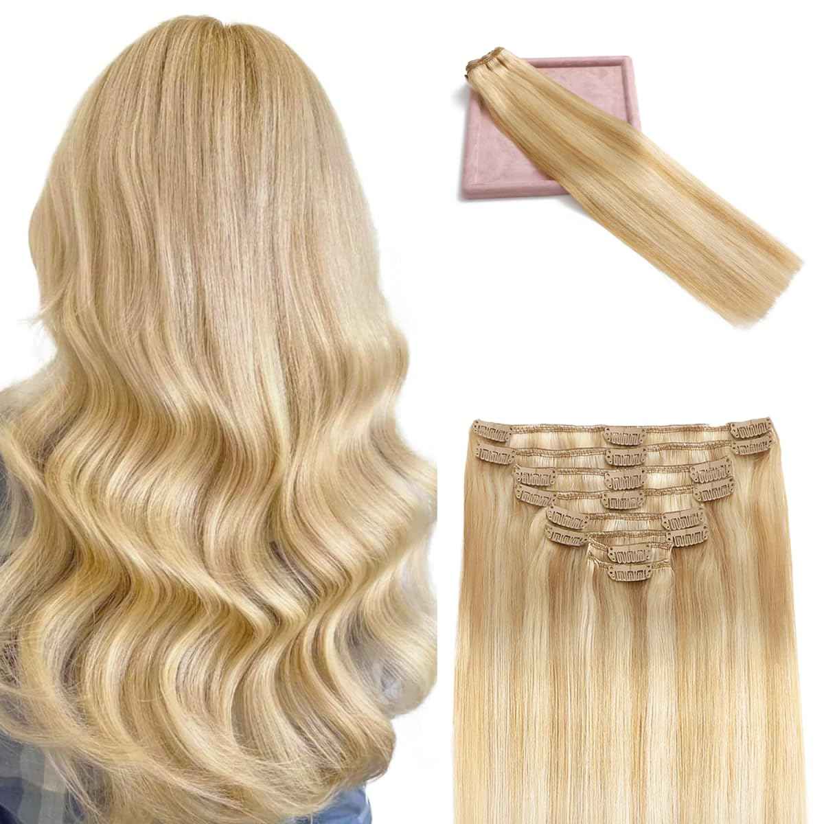 POGINJA Clip in Hair Extensions Real Human Hair, Remy Human Hair Extensions Clip ins for Women, 100% Natural Human Hair, Double Weftm, 14inch 80g 8Pcs, #18/613 Dark Blonde Highlighted Bleach Blonde