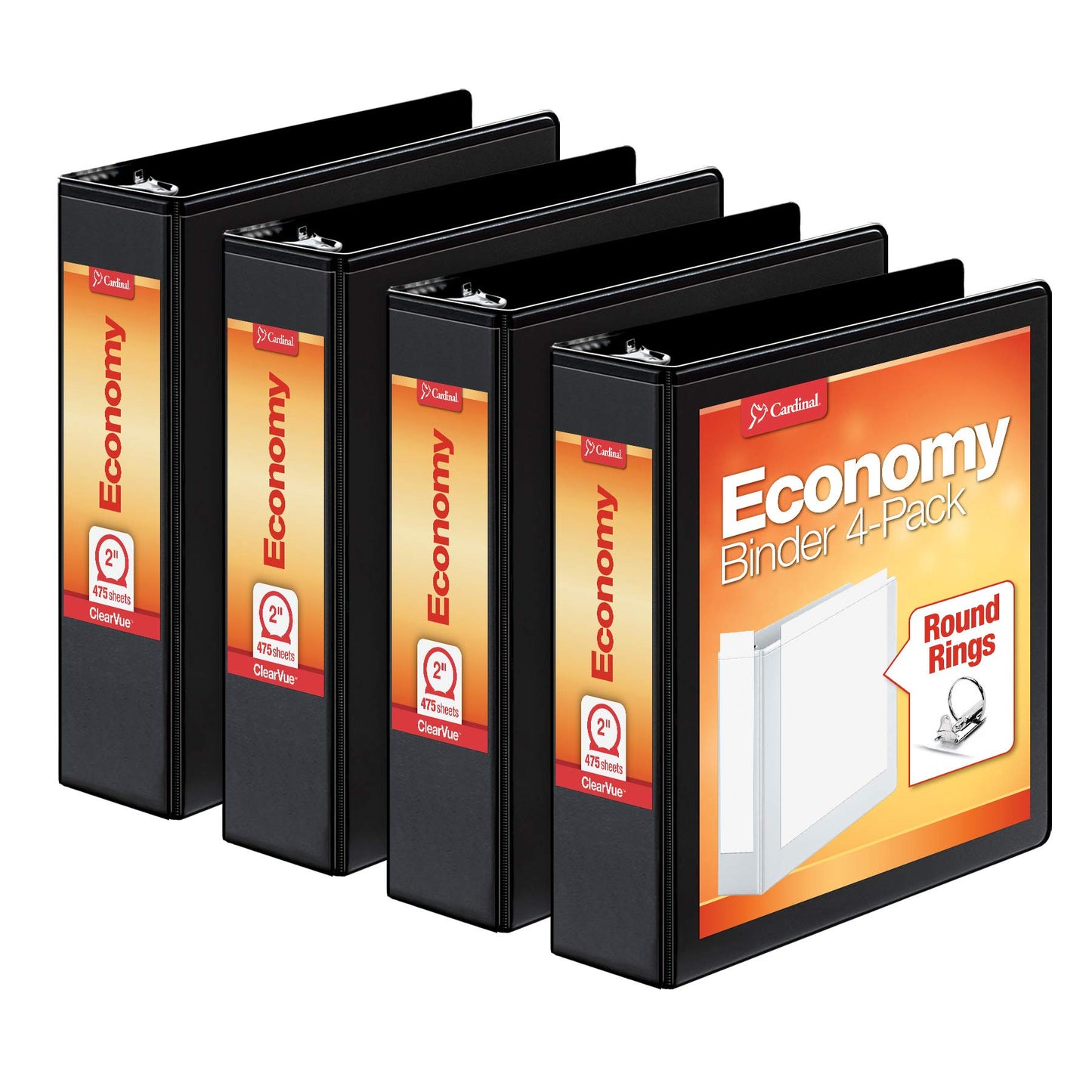 Cardinal Economy 3-Ring Binders, 1.5", Round Rings, Holds 350 Sheets, Black, Carton of 12 & Economy 3 Ring Binder, 2 Inch, Presentation View, Black, Holds 475 Sheets, 4 Pack of Binders