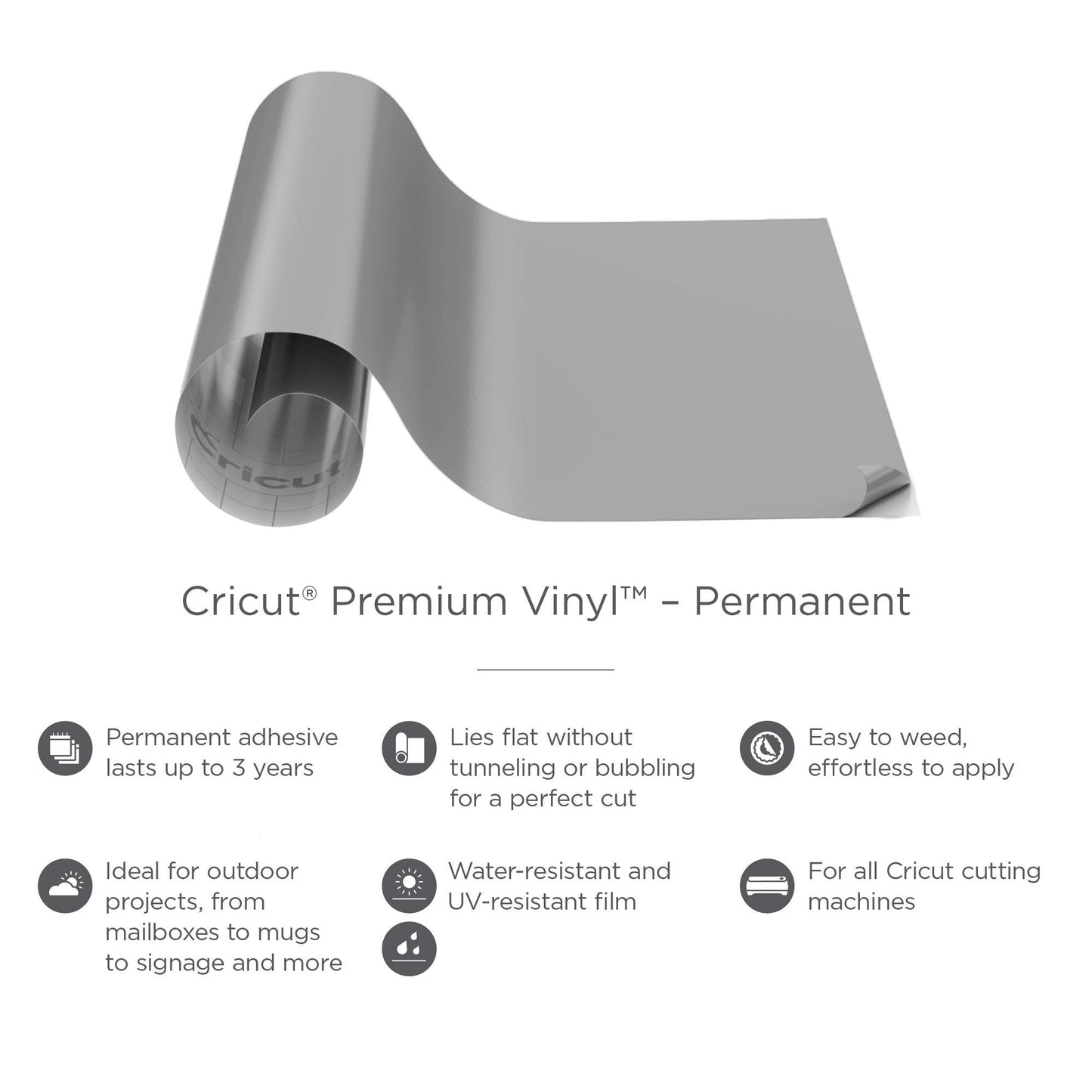 Cricut Premium Permanent Vinyl, Light Gray (12" x 48") - Compatible with Maker & Explore Machines, Long Lasting, UV & Water-Resistant, Indoor + Outdoor Projects