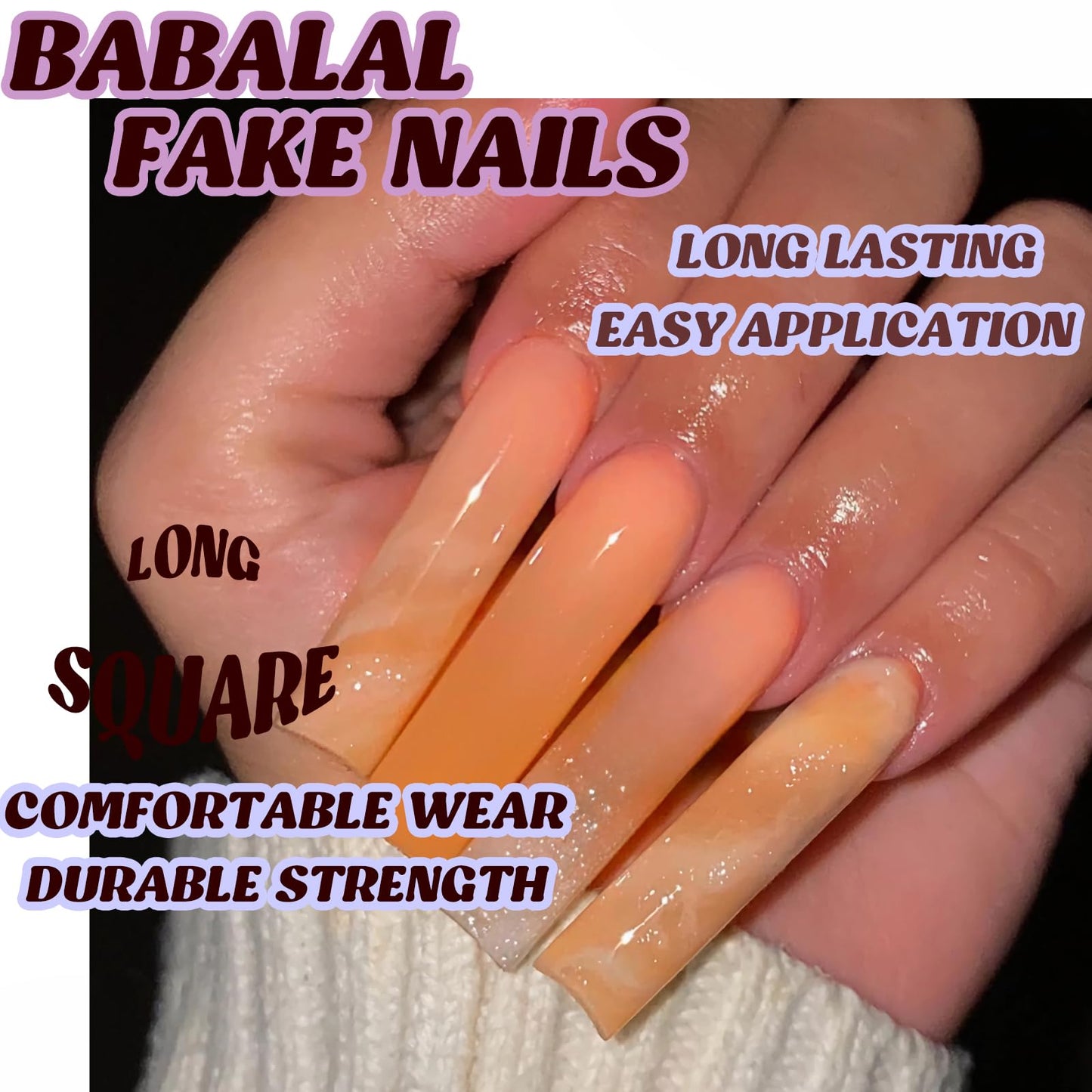 BABALAL Square Press on Nails Long Fake Nails Summer Orange Ombre Glue on Nails Glitter Shiny Acrylic Nails 24Pcs Squoval Stick on False Nails for Women and Girls