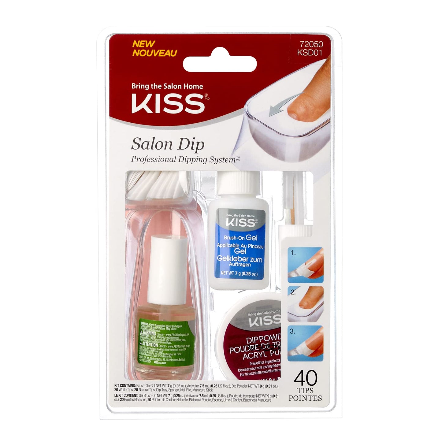 KISS Salon Dip Powder Nail Kit Professional Dipping System with Brush-On Gel, Dip Powder, Activator, 2 Brushes, Dipping Trough, Cuticle Stick, Sponge, Nail File, & 40 Nail Tips