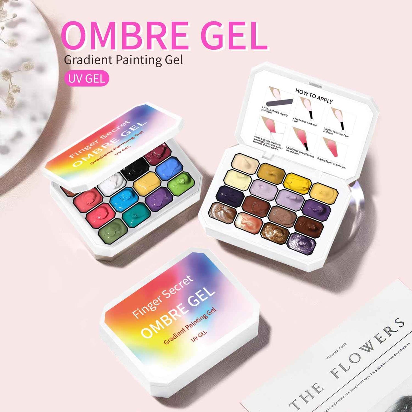 Finger Secret 16 Colors Ombre Gel Nail Polish Set,Ombre Color Palette Pat Painting Gel Polish with 100Pcs Nail Sponges for Gradient Gels Nail Art Patting in Salon or Home Use