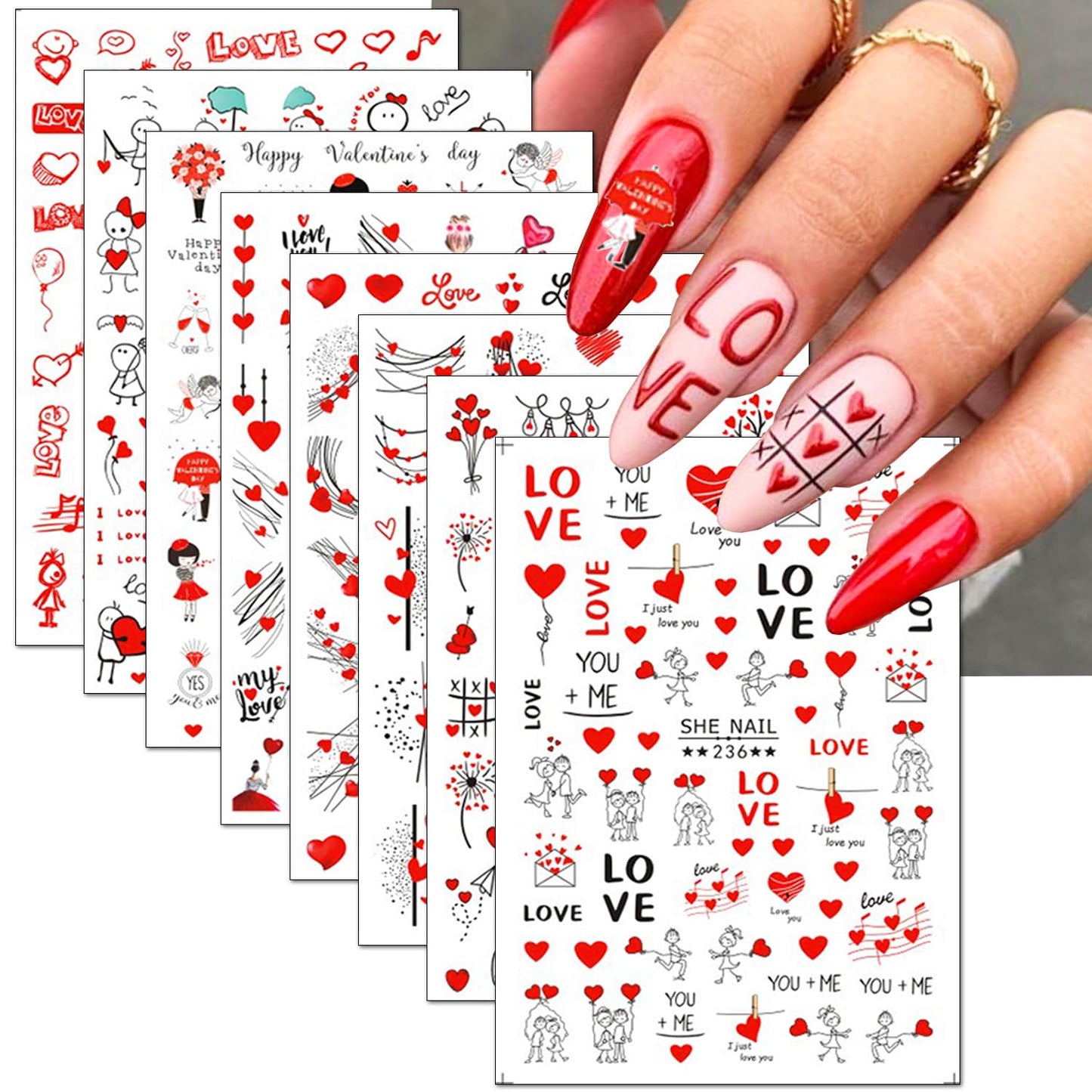 Valentines Day Nail Stickers Decals DIY Self-Adhesive Red Valentines Nail Art Romance Love Lovers Heart Sexy Nail Stickers Design Valentines Supplies Nail Decorations for Women Girls (8 Sheets)