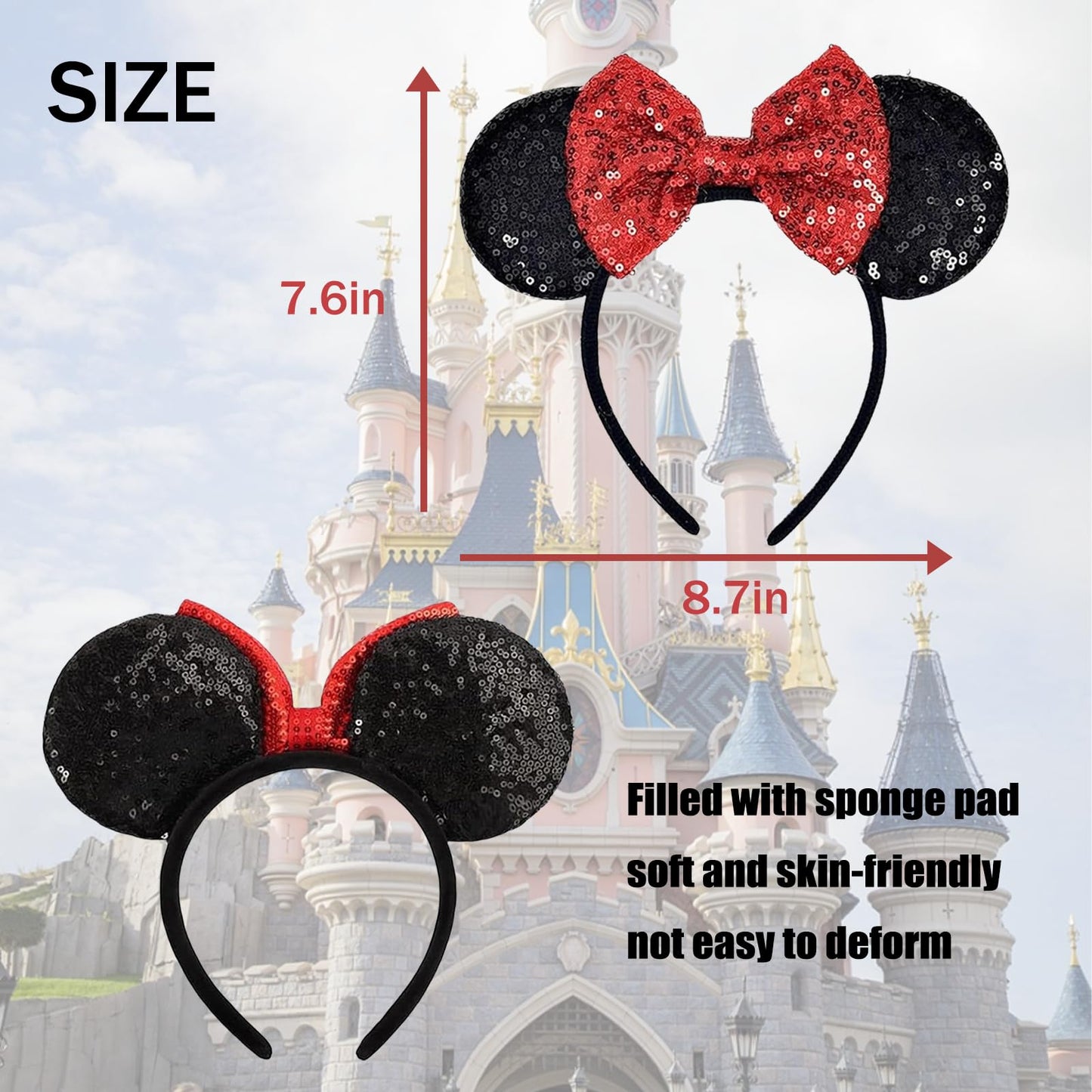 ASAHEL Mouse Ears Headbands Fashion Shiny Bows Mice Ears Birthday Parties Themed Events (Red 2, Onesize)