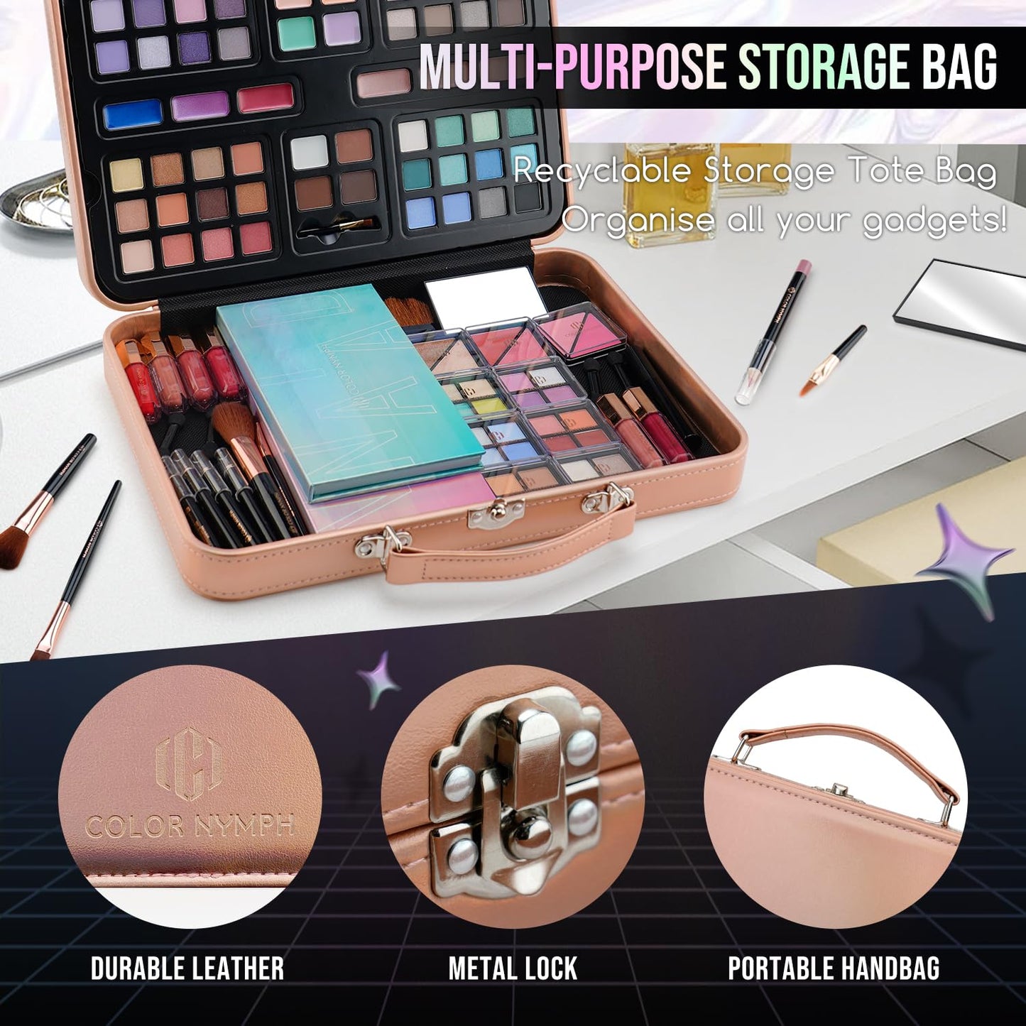 Multipurpose Makeup Kits for Teens Girls, Travel Makeup Set Non-toxic, Makeup Gift for Women Teen, Eyeshadows Blushes Bronzer Highlighter Concealer Lipgloss Eyeliner Lipliner Brushes Gold Case