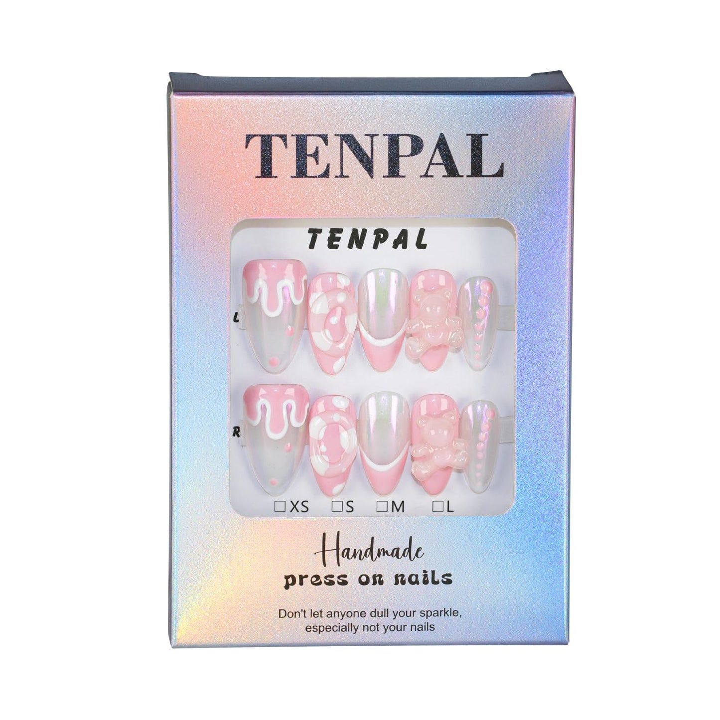 TENPAL French Tip Press on Nails Aurora Pink Gel Fake Nails With Glue Handmade False Nails With Bear Charms Lovely Sweet Cute Nails Press ons For Women Girls 10pcs/Box Short Almond Nails Summer(S)