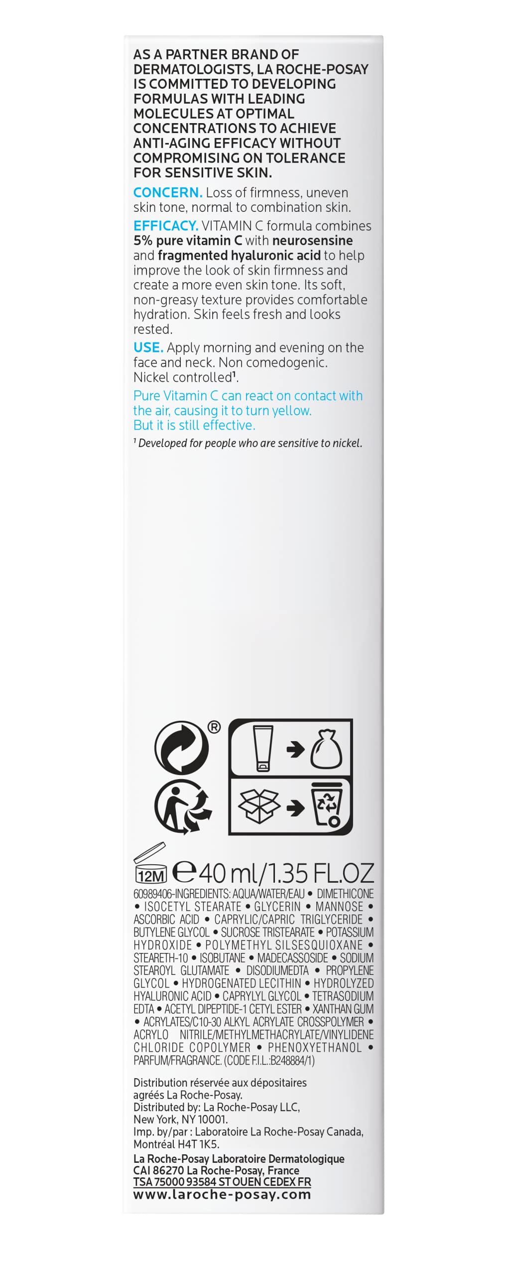 La Roche-Posay Redermic C Anti-Wrinkle Vitamin C Moisturizer with Pure Vitamin C & Hyaluronic Acid for Normal to Combo Skin, 1.35 Fl. Oz.