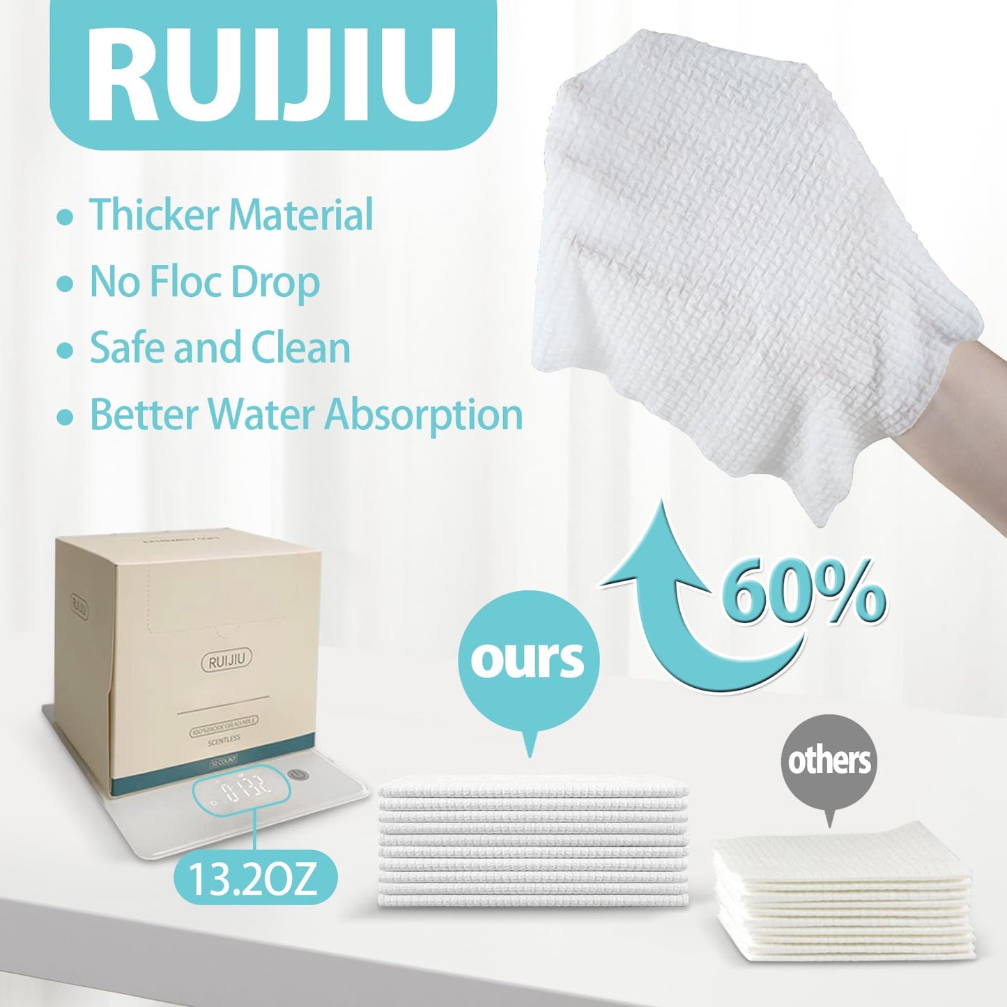 RUIJIU Disposable Face Towel, Unscented, Large Size 10"X 12", Disposable Face Cloths, 100% Biodegradable Face Towel, Skin Soft and Thick for Washing Face 2 pack