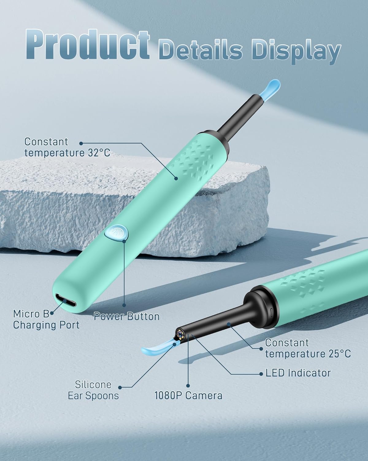 Ear Wax Removal Tool Camera - Ear Cleaner with Camera,1080P Otoscope, Ear Cleaning Tool with 4 Ear Spoon, Ear Camera for iPhone & Android Phones - Blue