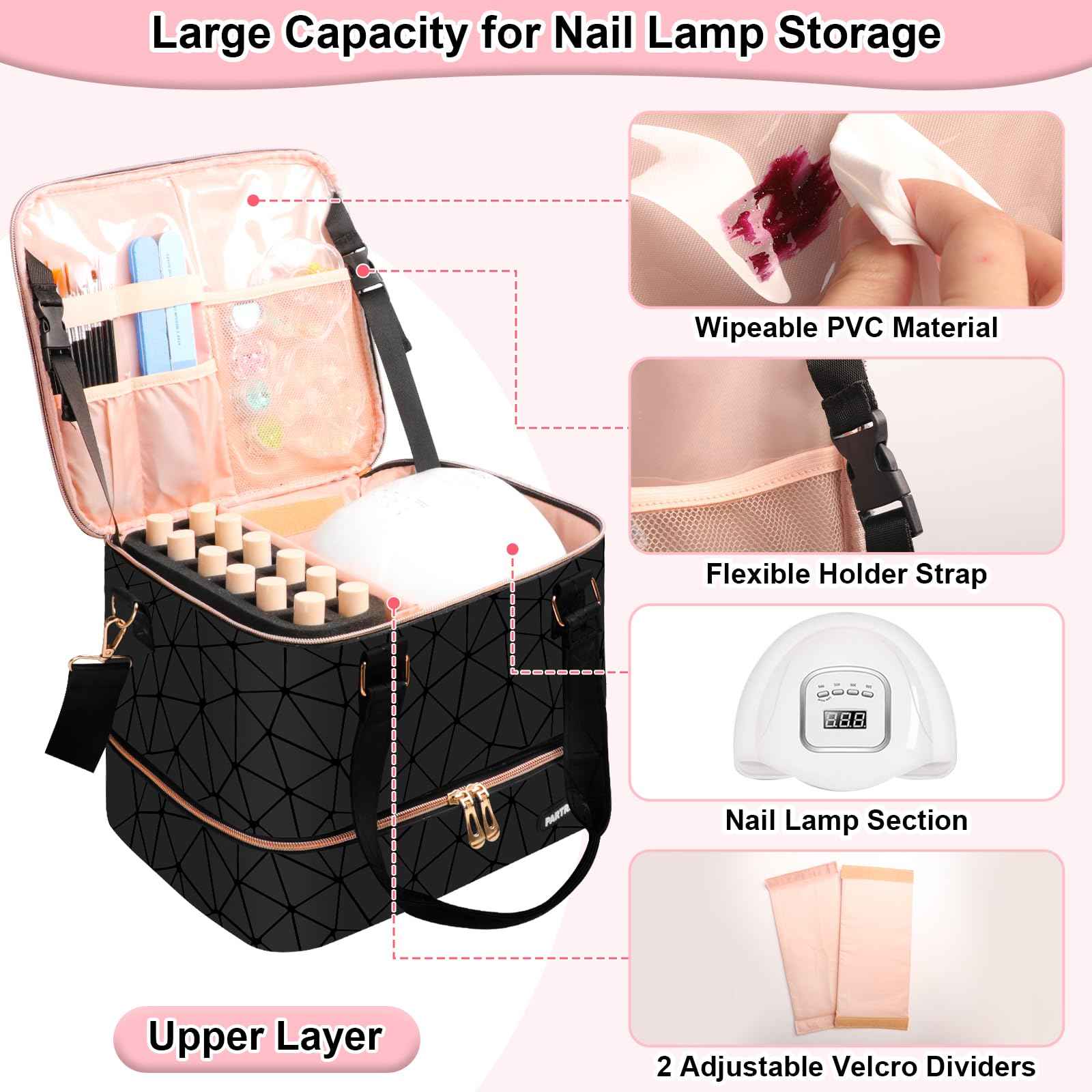 Partreko Large Nail Polish Organizer Fits 54 Bottles (15ml-0.5 fl.oz)& Nail Lamp, Double Layer Nail Supplies Organizer Bag with Holder Strip, PU Leather Nail Kit Storage Travel Case for Women (Black)