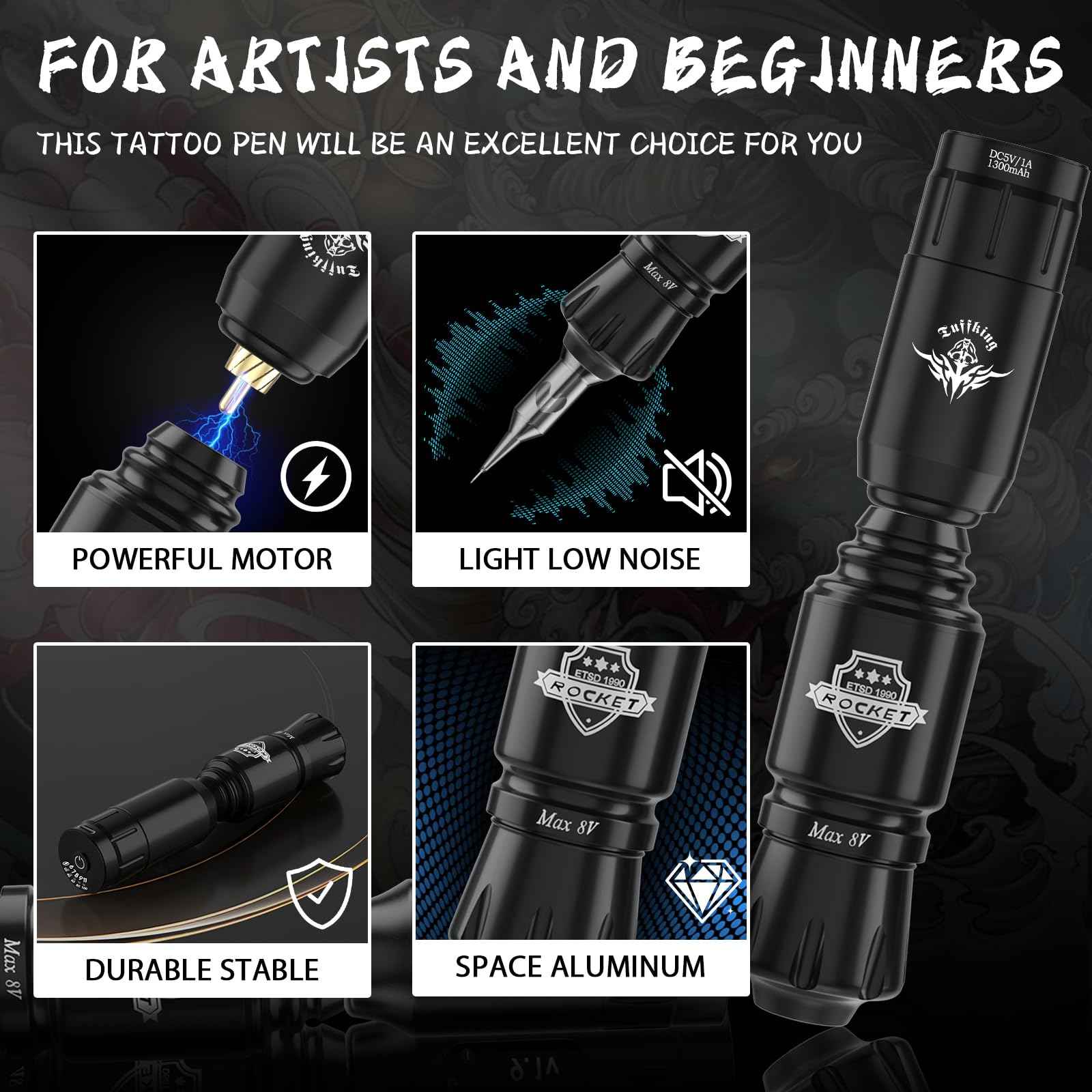 Tattoo Gun Kit for Beginners Complete Set, Rotary Wireless Tattoo Pen Kit, Complete Tattoo Supplies Set for Beginners, with 1300 mAH Power Supply, 10Pcs Catridges Needles (Battery-I-45Pcs)