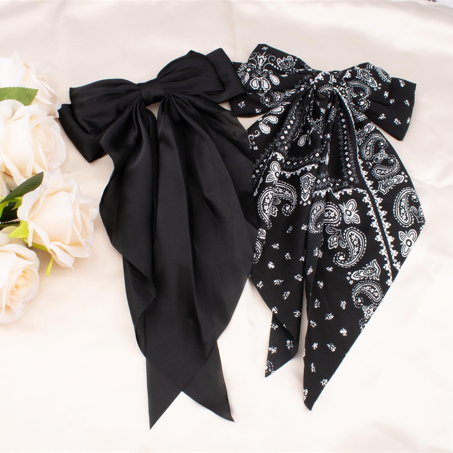 Hadutrek Silky Satin Hair Bows 2PCS Big Hair Bows for Women Flower Hair Clips Hair Ribbons Oversized Long Tail Black Bow Butterfly Hair Clips Hair Accessories Claw Clips for Thick Hair for Women