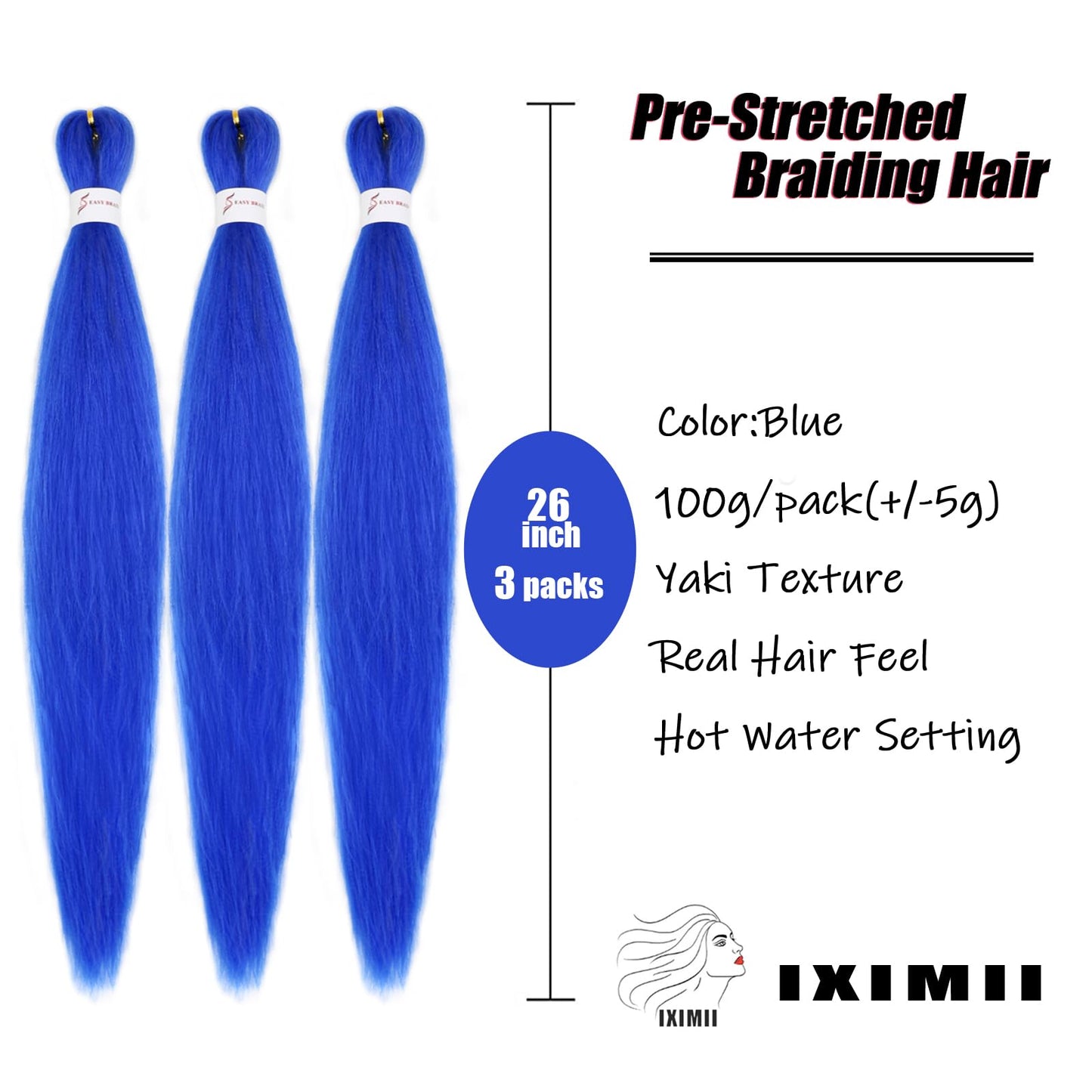 IXIMII 3 packs Blue Braiding Hair Pre Stretched 26 inch Kanekalon Braiding Hair Prestretched Long Straight Synthetic Braids Soft Yaki Texture Hair Extensions Hot Water Setting