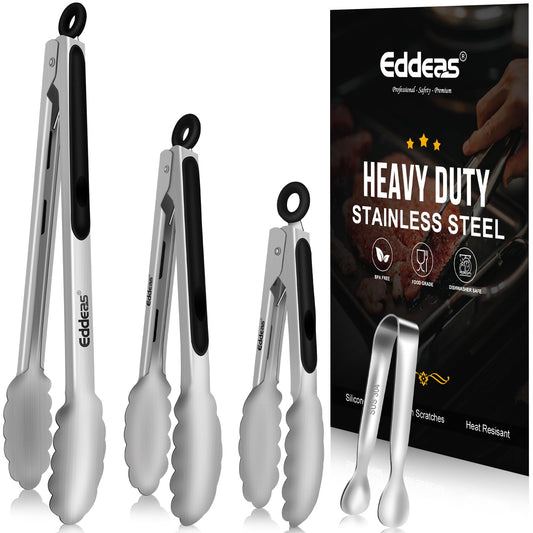 EDDEAS Tongs for Cooking, set of 4 - Includes 7"9''12 inch Kitchen tongs & Mini Ice Tongs 1-Piece, Heat Resistant 600 Degrees Stainless Steel Metal Tongs, for Appetizers, Sugar, Grilling, BBQ