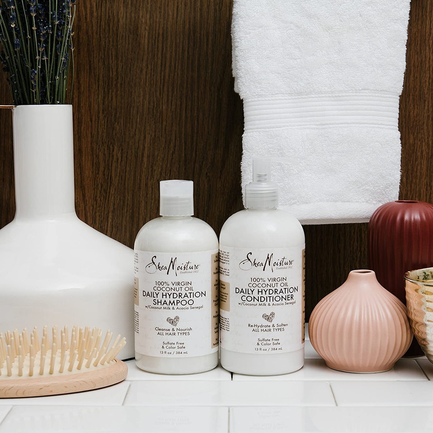 SheaMoisture Shampoo and Conditioner Set, 13 Fl Oz Ea with Leave In Treatment Spray 8 Fl Oz, Daily Hydration 100% Virgin Coconut Oil, Curly Hair Products Bundle, Shea Butter, Coconut Milk